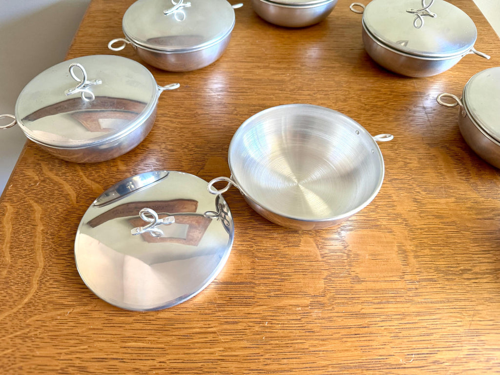 Vtg Set of 7 Aluminum Rice Bowls With Lids | MCM Small Aluminum Bowls With Lids | Camping Bowl Set | Small Cook & Serve Casserole Bowls