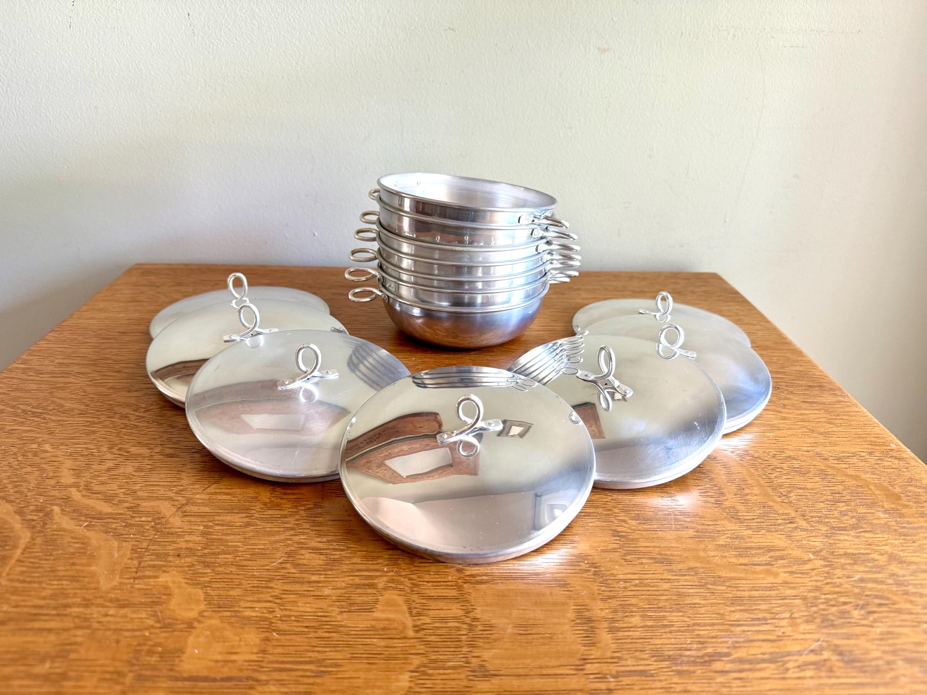 Vtg Set of 7 Aluminum Rice Bowls With Lids | MCM Small Aluminum Bowls With Lids | Camping Bowl Set | Small Cook & Serve Casserole Bowls
