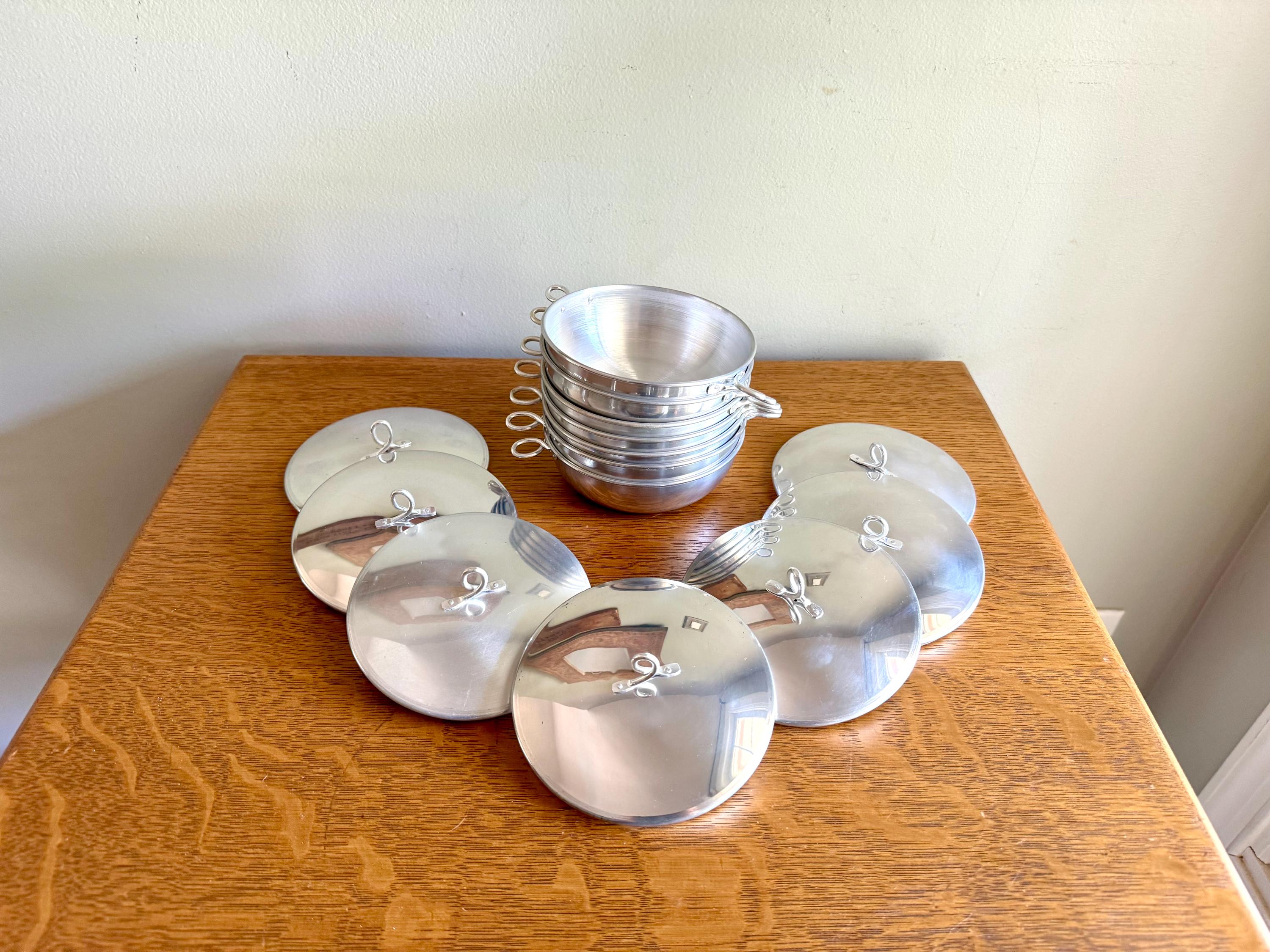 Vtg Set of 7 Aluminum Rice Bowls With Lids | MCM Small Aluminum Bowls With Lids | Camping Bowl Set | Small Cook & Serve Casserole Bowls