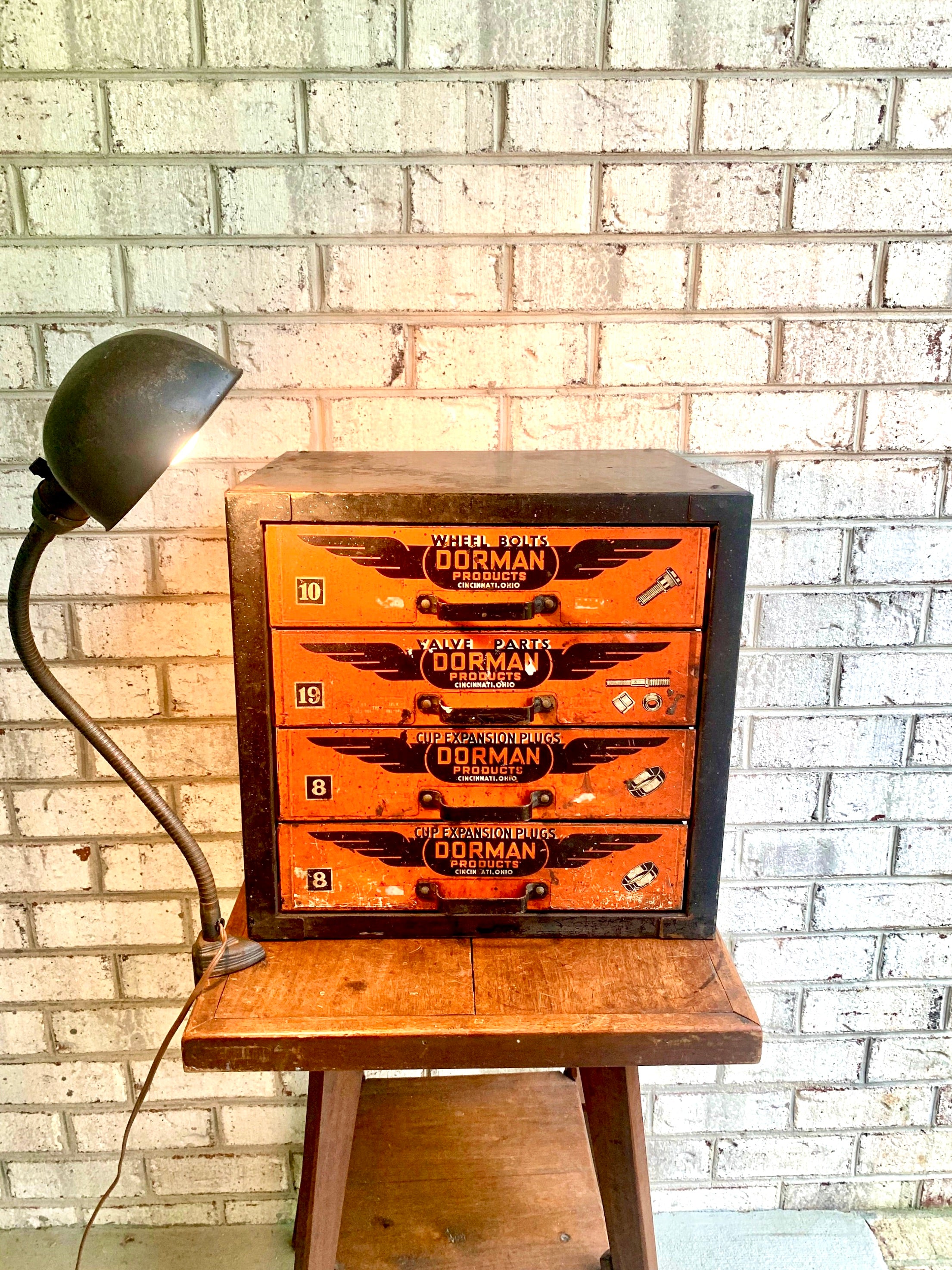 Vintage Dorman Products Parts Bin | Heavy Duty 4 Drawer Parts Bin | Industrial Advertisement Parts Cabinet | Automotive Parts Cabinet