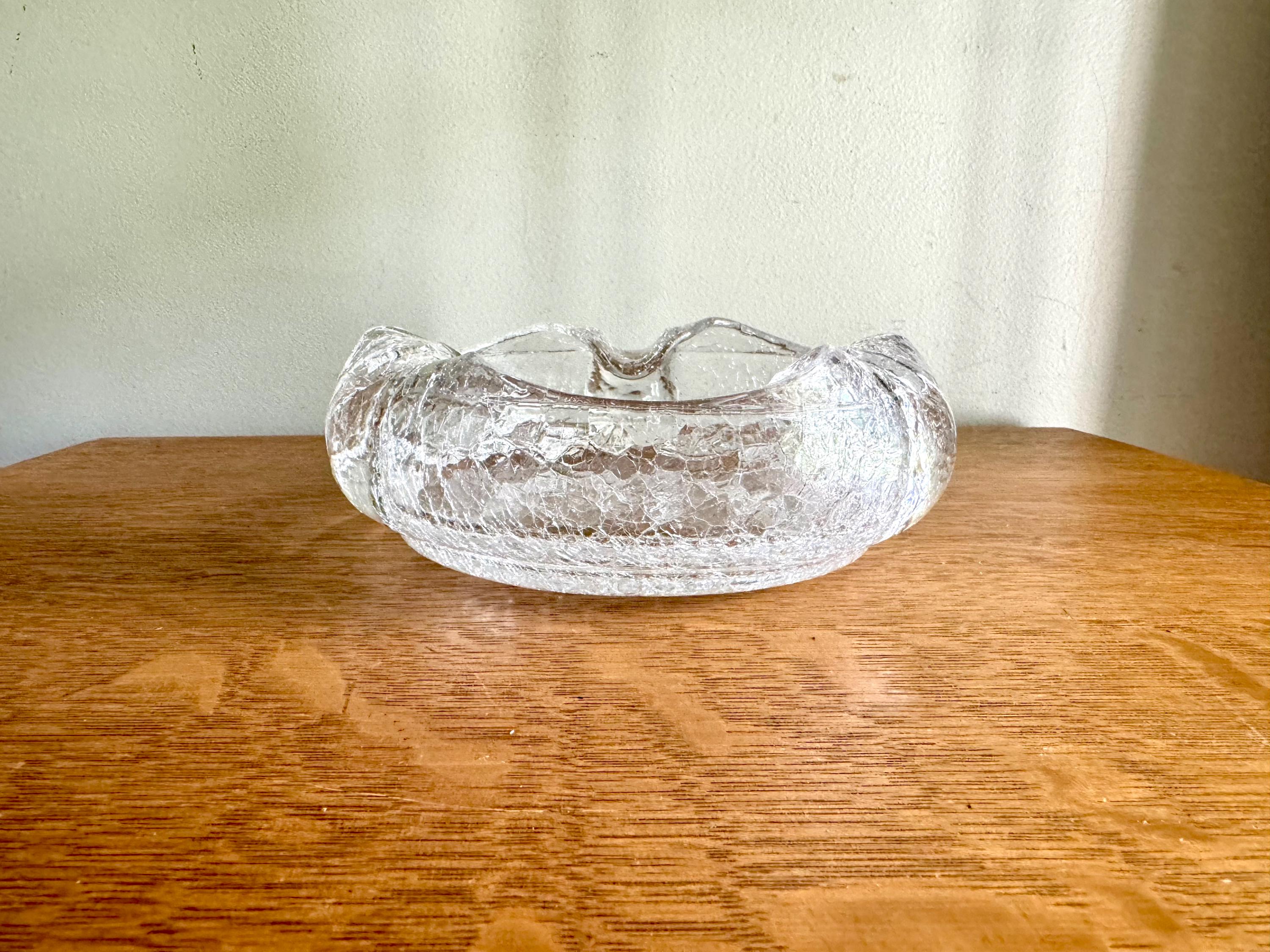 Vtg Clear Crackle Viking Glass Ashtray | Crackle Glass Cigar Ashtray | Clear Crackle Glass Ashtray | MCM Cigar Ashtray