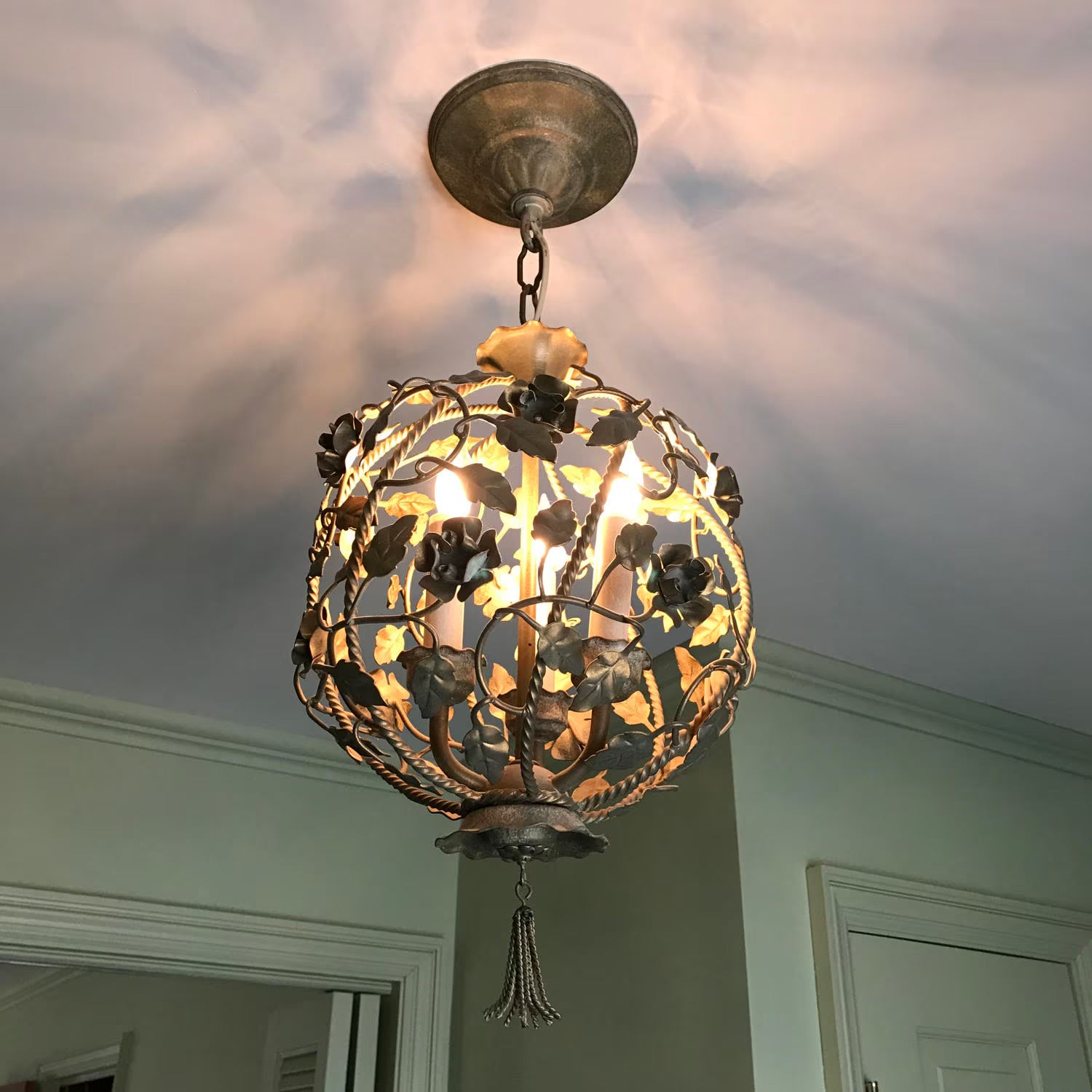 1950's Italian Gilt Style Chandelier | Vtg Italian Gilt Style Tole | Floral Vine Cluster Tole | Retro Floral Pendant | Nest Style Light
