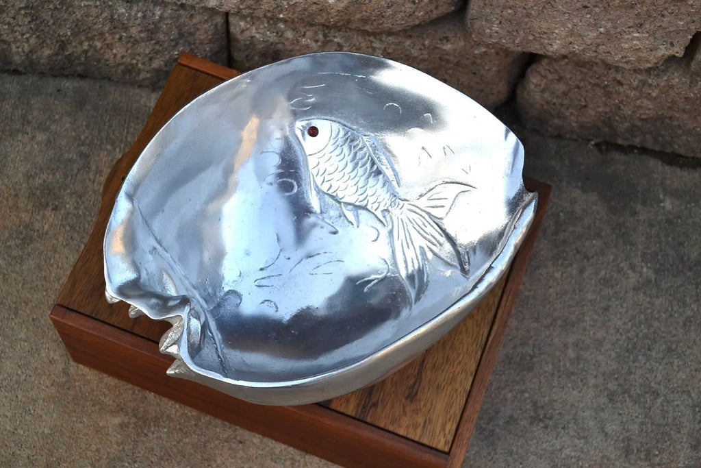 Vtg Arthur Court Aluminum Gold Fish Shell Bowl | 1970's Fish Aluminum Bowl | Polished Aluminum Shell Shaped Bowl | Carnelian Fish Eye