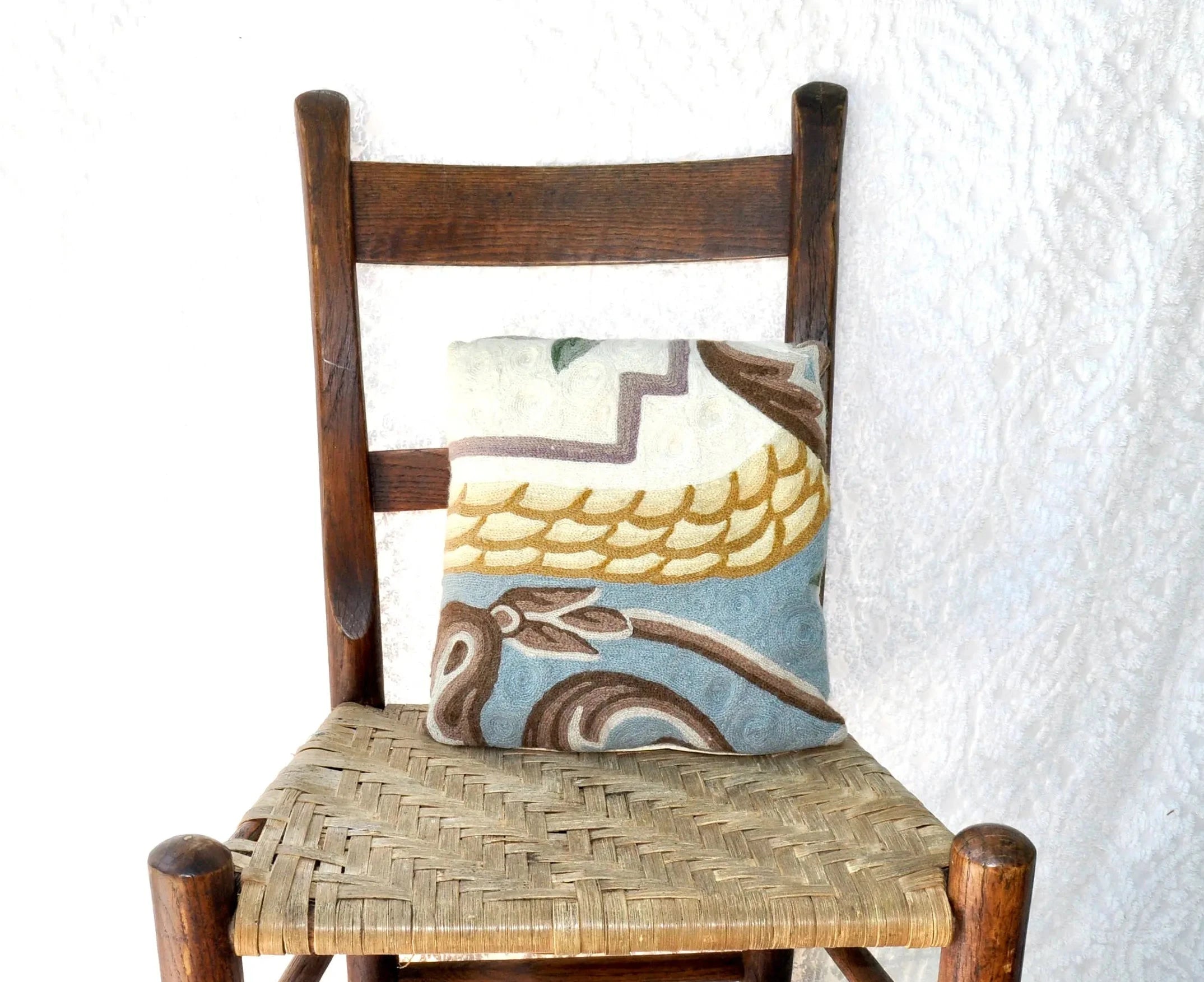 Embroidered Accent Pillow | Retro Throw Pillow | Vintage Abstract Designed Embroidered Pillow | Decorative Pillow Crewel Work Bohemian