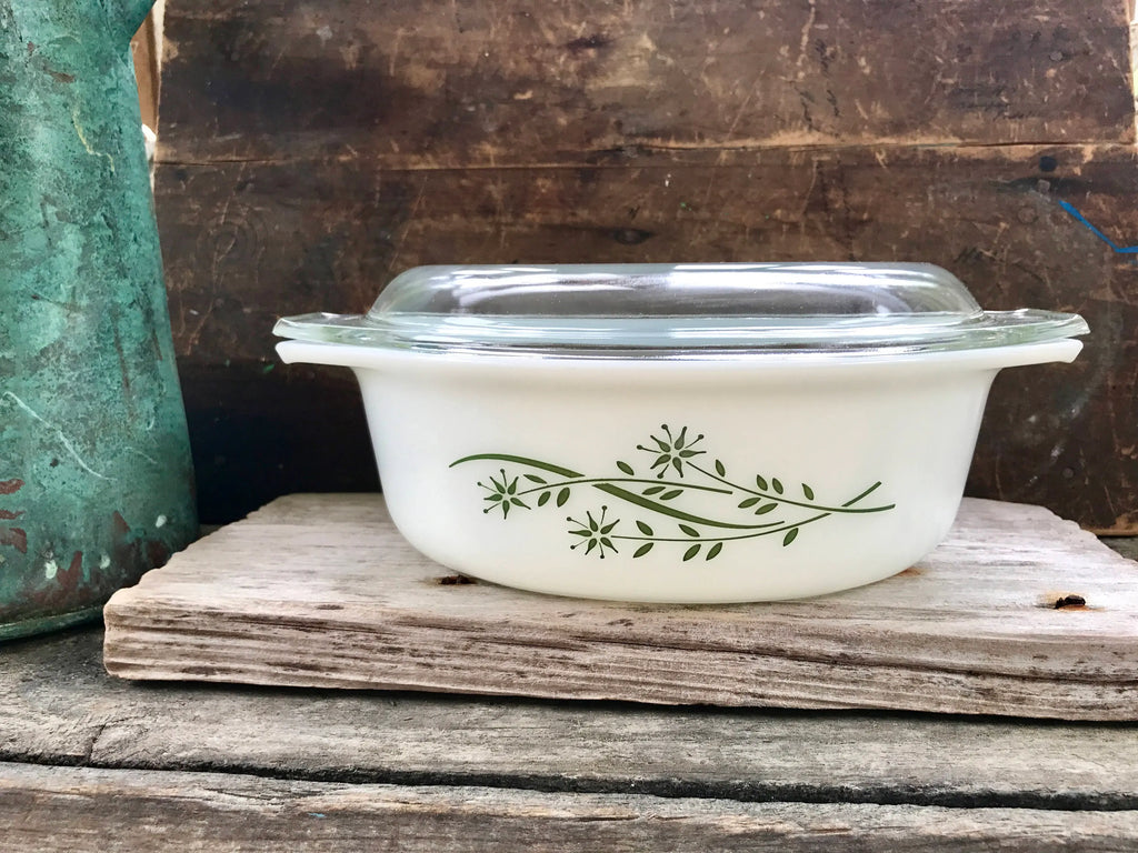 Pyrex 043 Honeysuckle Casserole Dish | Vintage White Pyrex With Sage Green Honeysuckle Pattern | Pyrex Dish | Mid Century Kitchen | 1 1/2 Qt