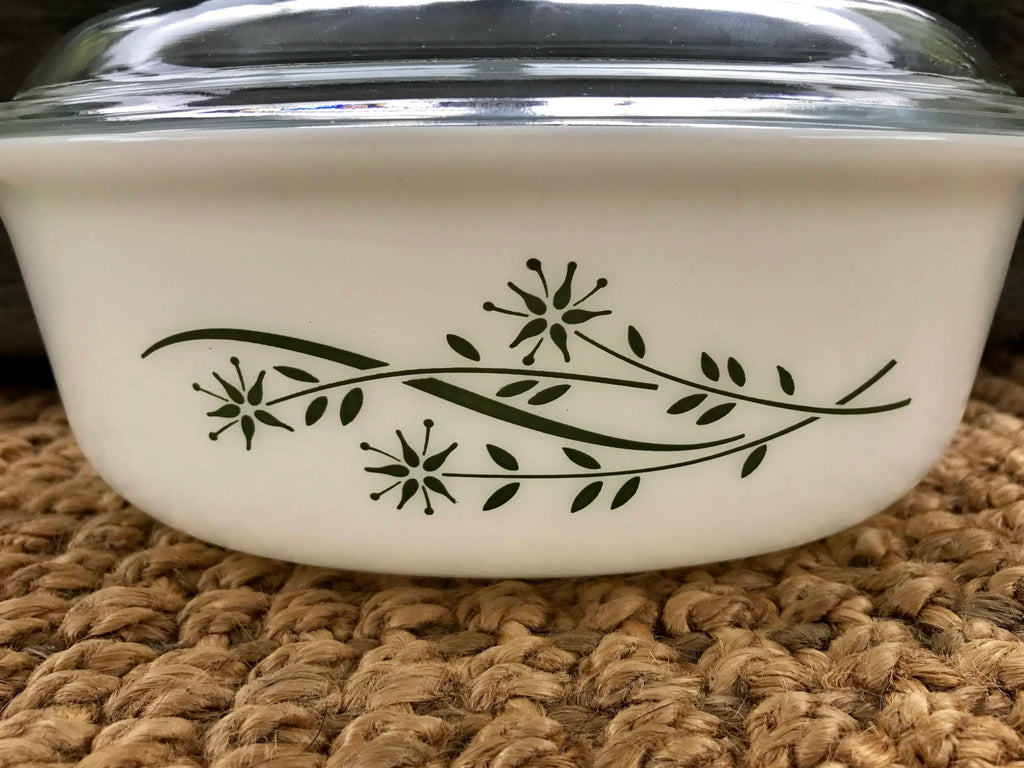 Pyrex 043 Honeysuckle Casserole Dish | Vintage White Pyrex With Sage Green Honeysuckle Pattern | Pyrex Dish | Mid Century Kitchen | 1 1/2 Qt