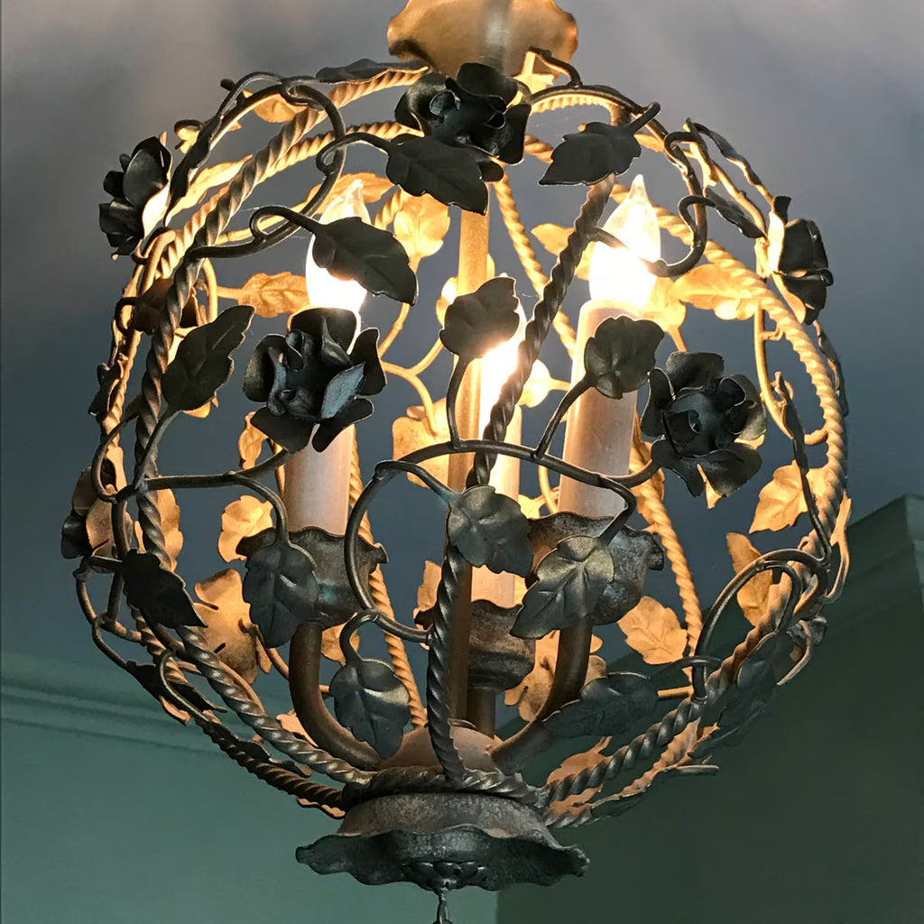 1950's Italian Gilt Style Chandelier | Vtg Italian Gilt Style Tole | Floral Vine Cluster Tole | Retro Floral Pendant | Nest Style Light