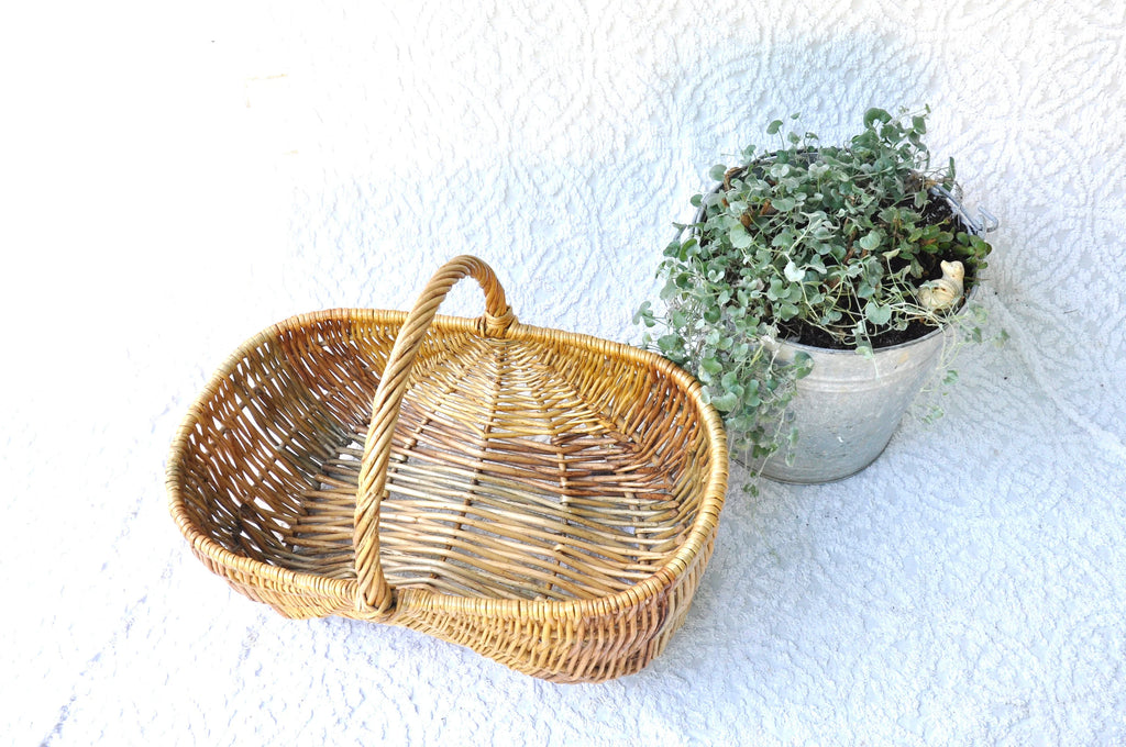 Vtg Wicker Basket With Handle | Rustic Wicker Storage | 80's Bohemian Basket l Rattan Basket | Woven Basket | Beach House Wicker Decor