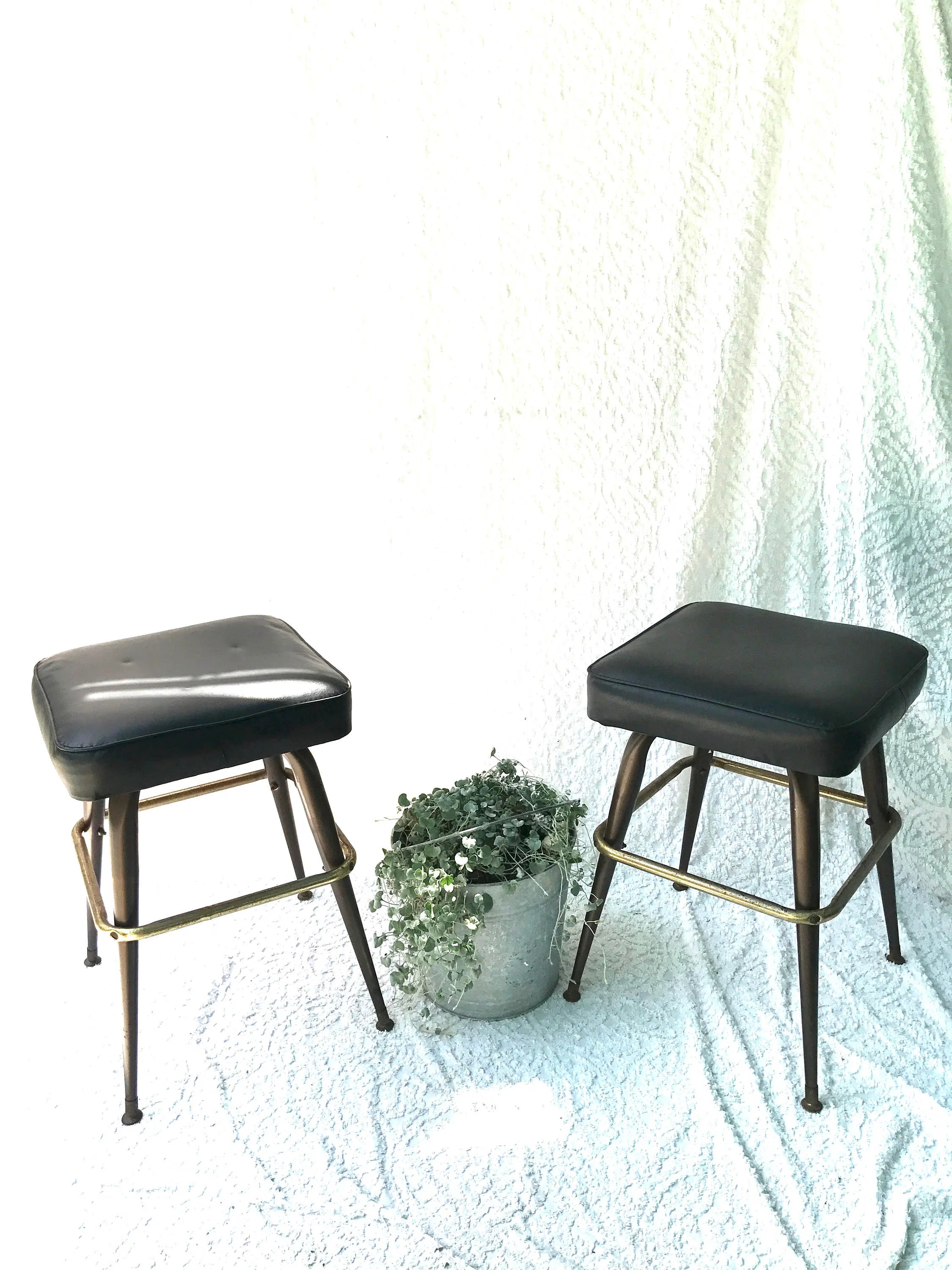MCM Bar Stools | Low Medium Black Vinyl Stools | Mid Century Vinyl Seating | 1960s Bar Stools | Vtg Bar Square Stools | Black Bar Stools