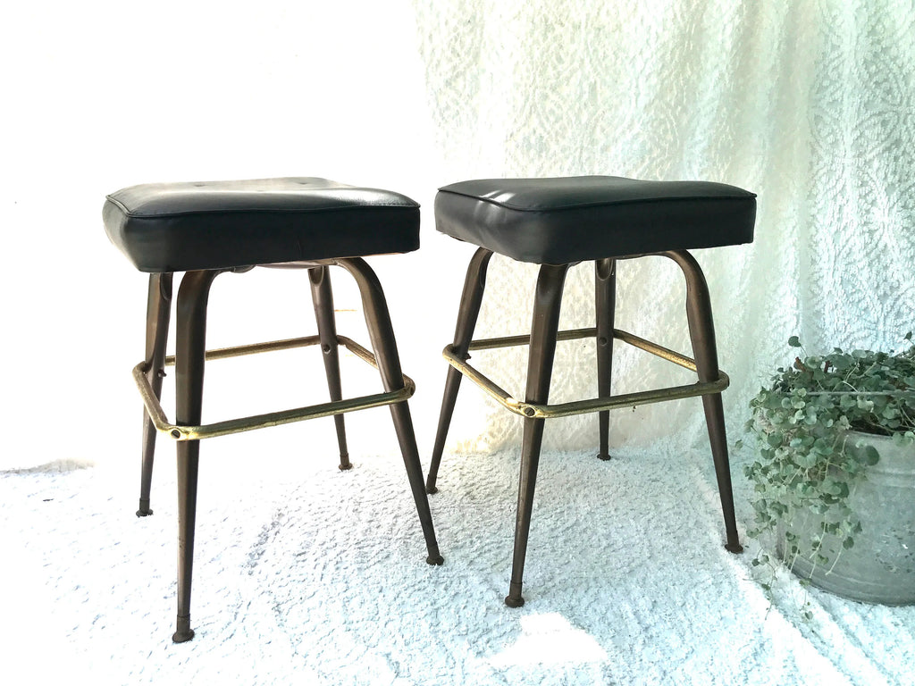 MCM Bar Stools | Low Medium Black Vinyl Stools | Mid Century Vinyl Seating | 1960s Bar Stools | Vtg Bar Square Stools | Black Bar Stools