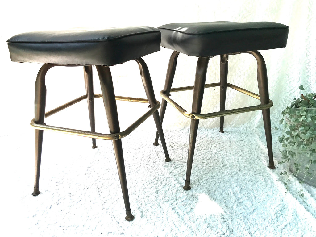 MCM Bar Stools | Low Medium Black Vinyl Stools | Mid Century Vinyl Seating | 1960s Bar Stools | Vtg Bar Square Stools | Black Bar Stools