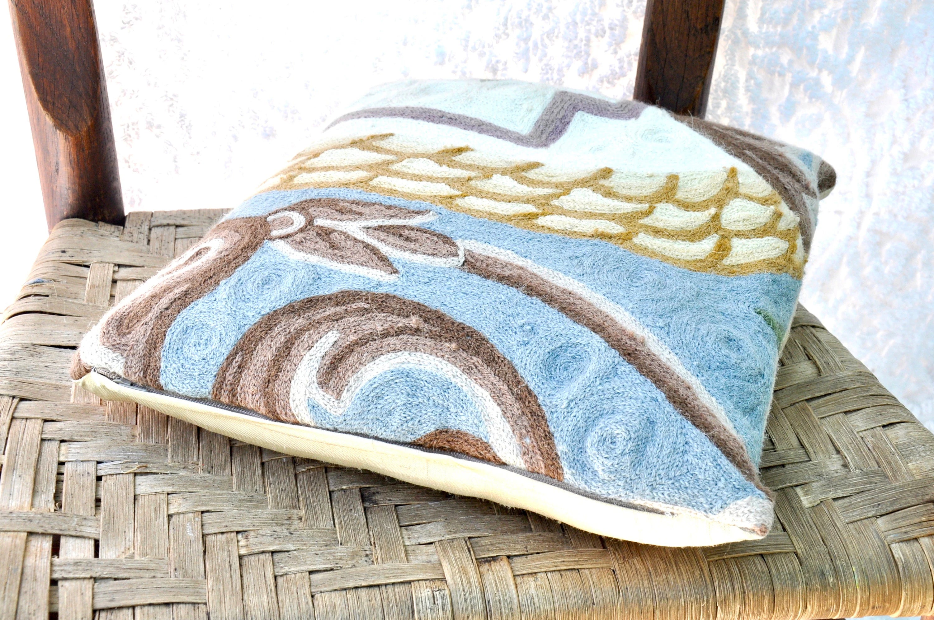 Embroidered Accent Pillow | Retro Throw Pillow | Vintage Abstract Designed Embroidered Pillow | Decorative Pillow Crewel Work Bohemian