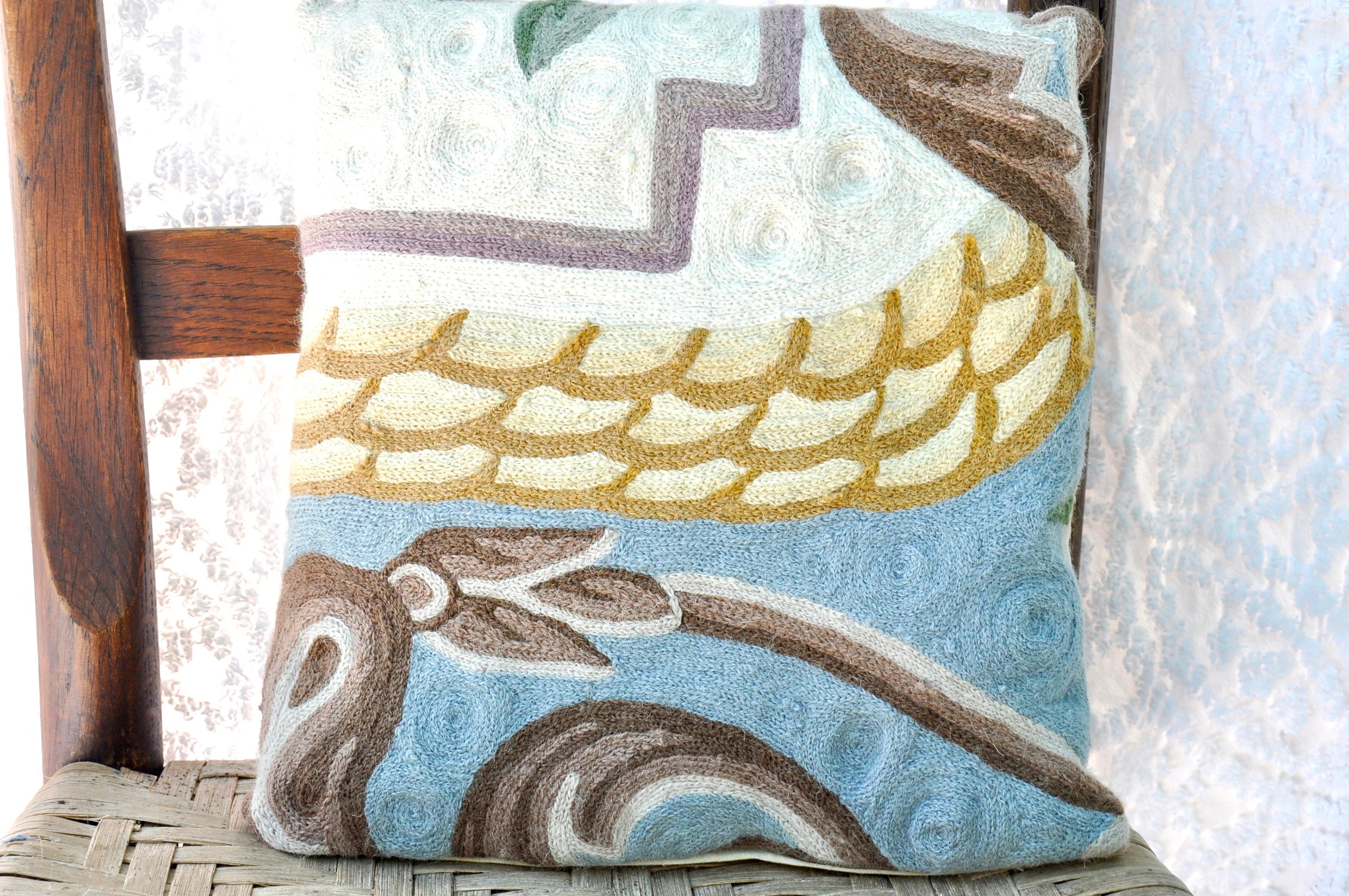 Embroidered Accent Pillow | Retro Throw Pillow | Vintage Abstract Designed Embroidered Pillow | Decorative Pillow Crewel Work Bohemian