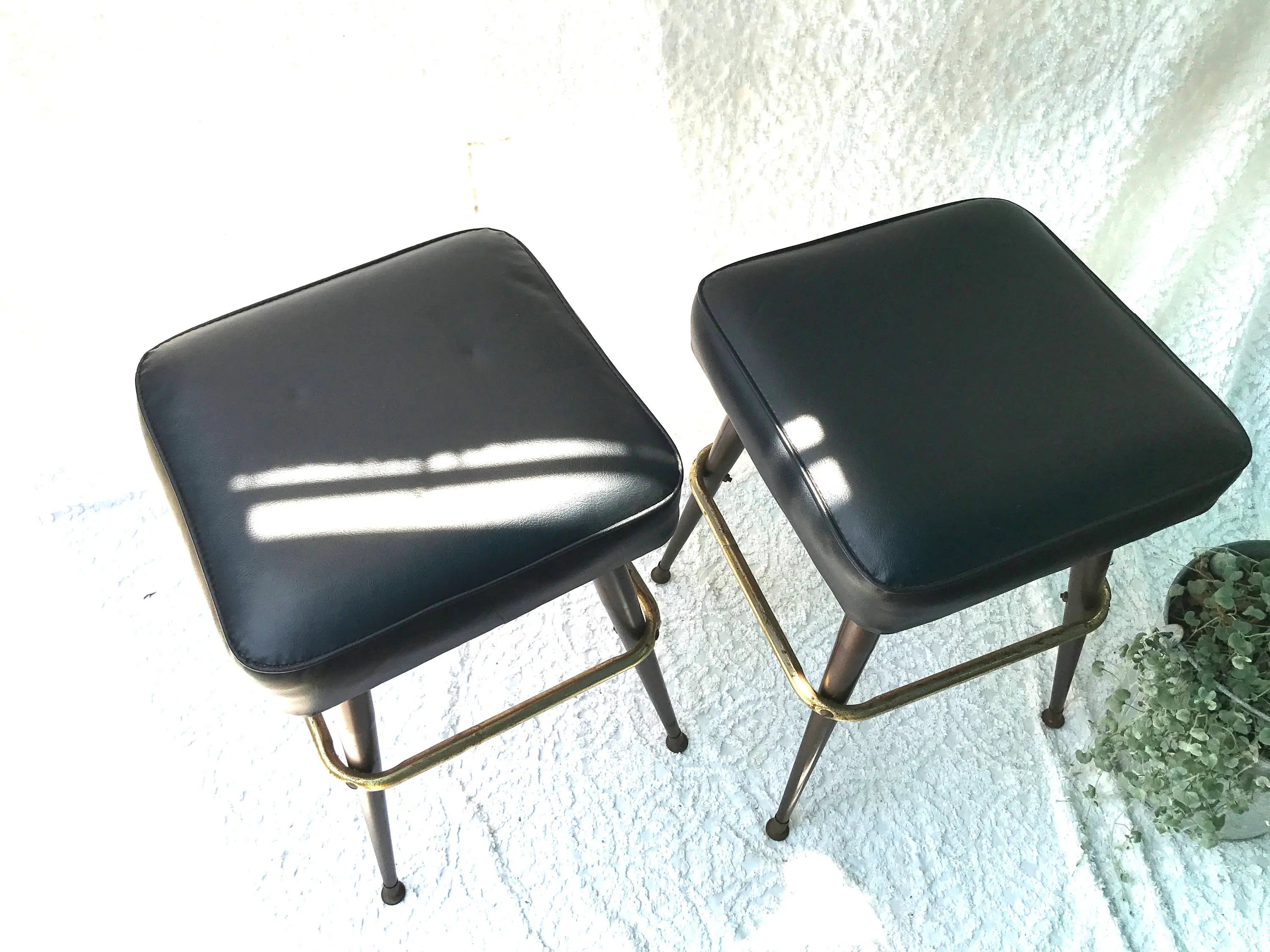 MCM Bar Stools | Low Medium Black Vinyl Stools | Mid Century Vinyl Seating | 1960s Bar Stools | Vtg Bar Square Stools | Black Bar Stools