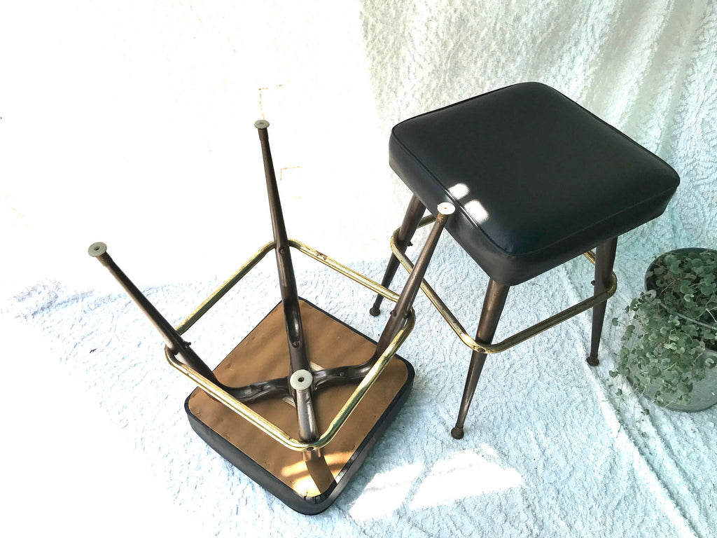 MCM Bar Stools | Low Medium Black Vinyl Stools | Mid Century Vinyl Seating | 1960s Bar Stools | Vtg Bar Square Stools | Black Bar Stools
