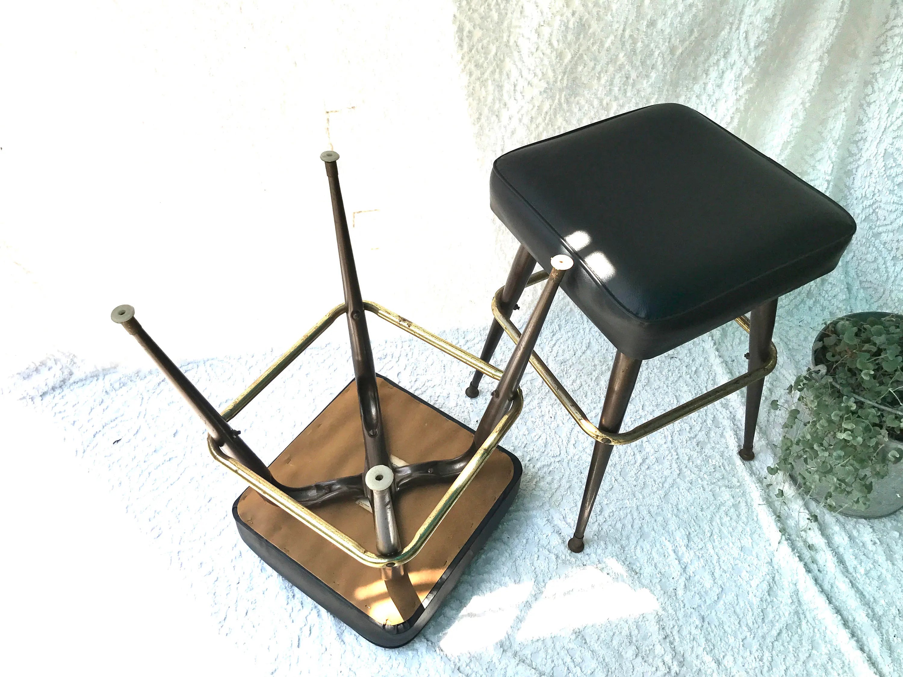 MCM Bar Stools | Low Medium Black Vinyl Stools | Mid Century Vinyl Seating | 1960s Bar Stools | Vtg Bar Square Stools | Black Bar Stools