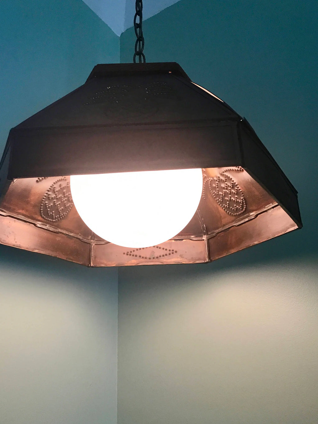 Vtg Punched Metal Pineapple Pendant Lamp | Punched Metal and Globe Chandelier | Rustic Pineapple Decor | MCM Copper Pendant Globe Lamp