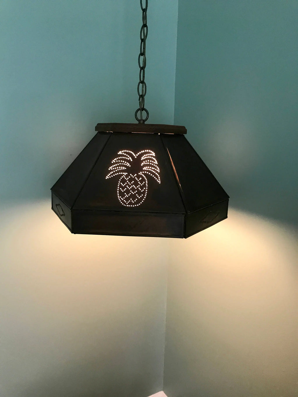 Vtg Punched Metal Pineapple Pendant Lamp | Punched Metal and Globe Chandelier | Rustic Pineapple Decor | MCM Copper Pendant Globe Lamp