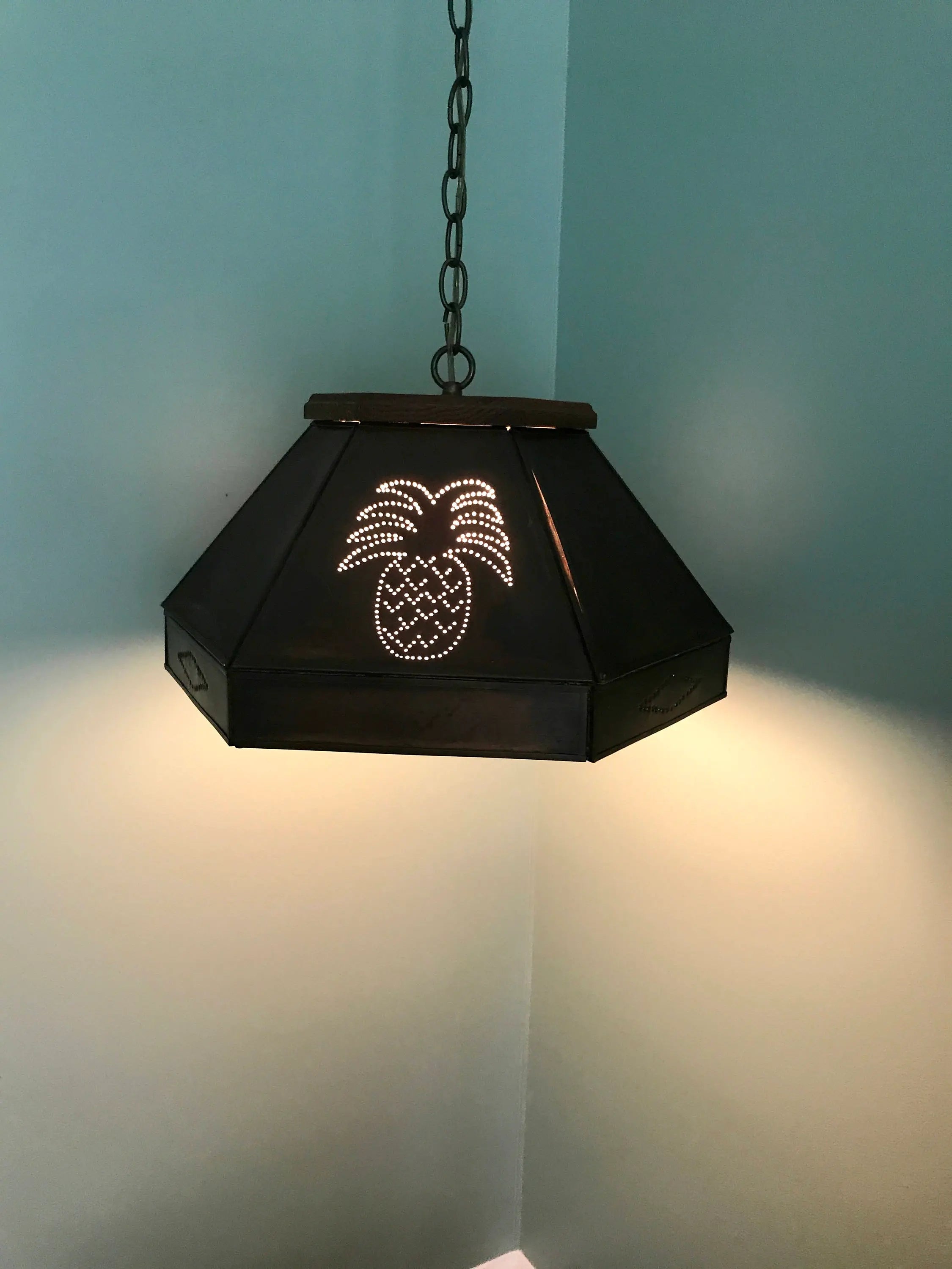 Vtg Punched Metal Pineapple Pendant Lamp | Punched Metal and Globe Chandelier | Rustic Pineapple Decor | MCM Copper Pendant Globe Lamp