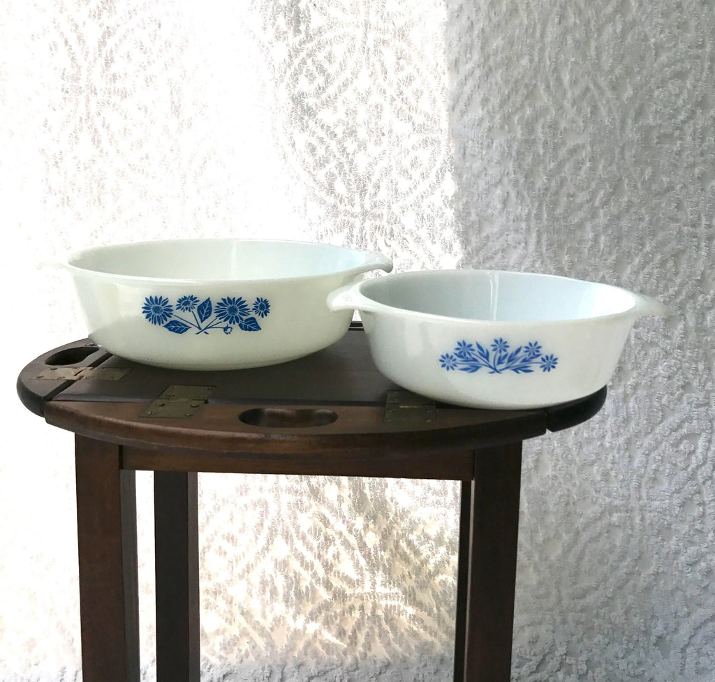 Vtg Anchor Hocking Casserole Dishes | Fire King Milk Glass Dishes | 1 & 2 Quart Casserole Dishes | Blue Corn Flowers and Sunflowers Dish