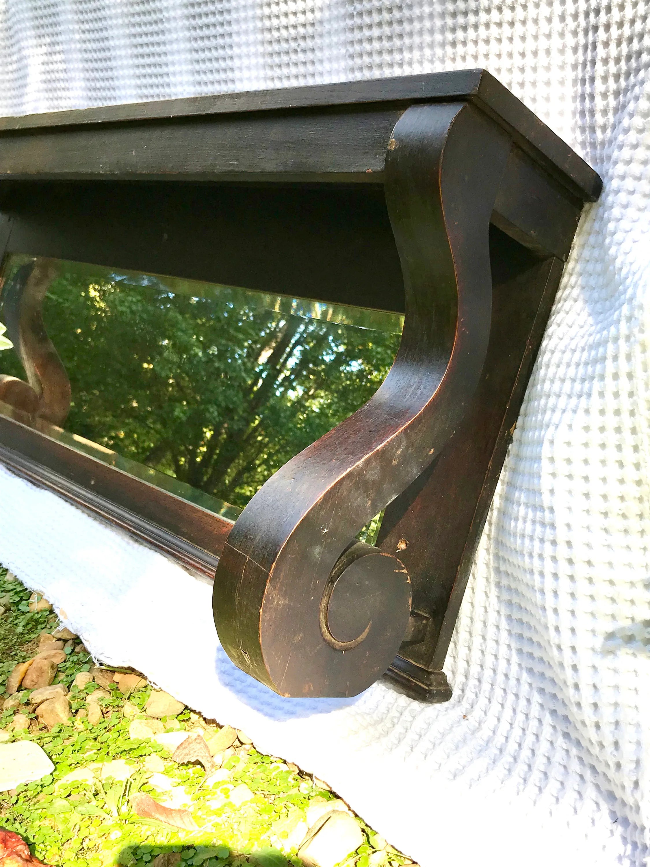 Antique Wooden Mantel with Mirror | Mantel with Corbels | Beveled Mirror | Antique Shelf with Mirror | Fireplace Mantel | Antique Headboard