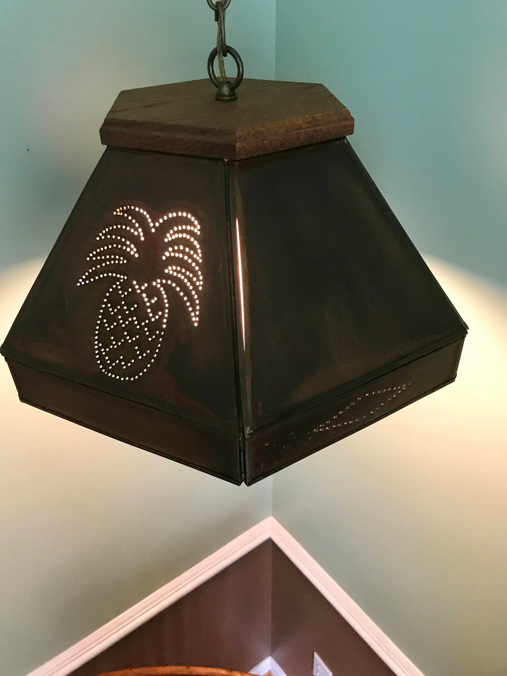Vtg Punched Metal Pineapple Pendant Lamp | Punched Metal and Globe Chandelier | Rustic Pineapple Decor | MCM Copper Pendant Globe Lamp
