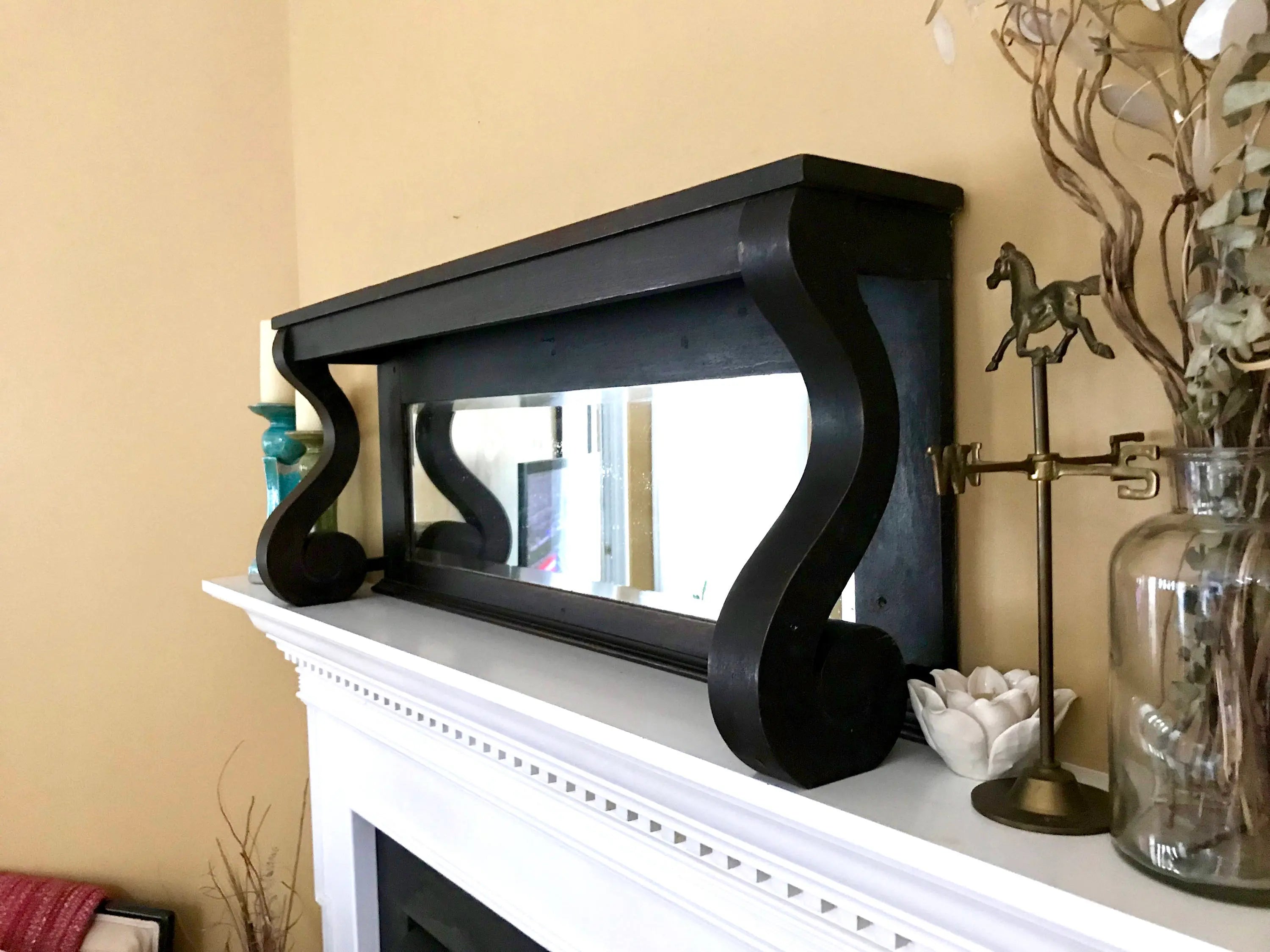 Antique Wooden Mantel with Mirror | Mantel with Corbels | Beveled Mirror | Antique Shelf with Mirror | Fireplace Mantel | Antique Headboard