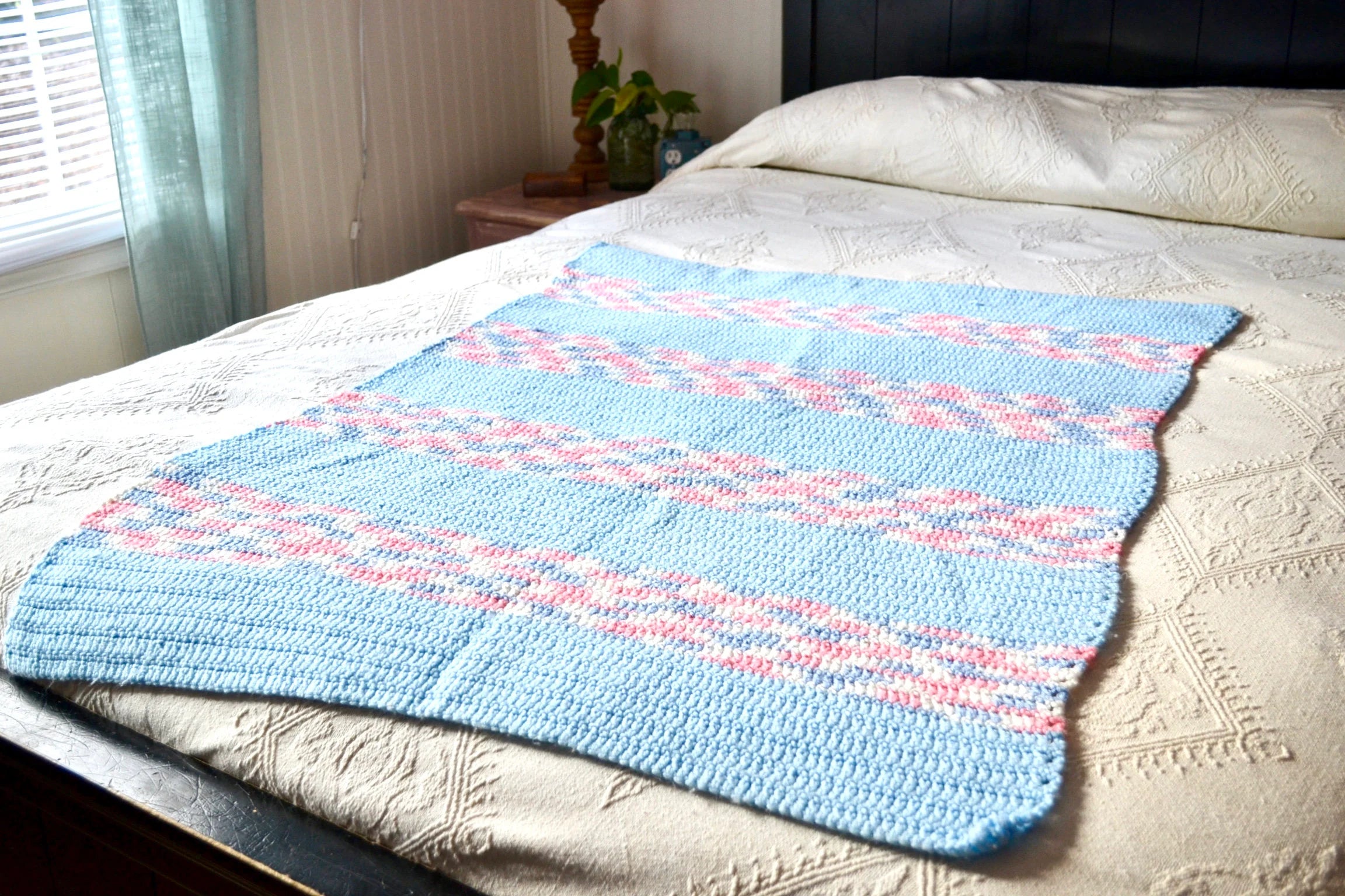 Vtg Afghan Blanket | Bohemian Woven Throw | Crocheted Nursery Blanket | Woven Baby Blanket | Knitted Pastel Striped Blanket | Travel Throw