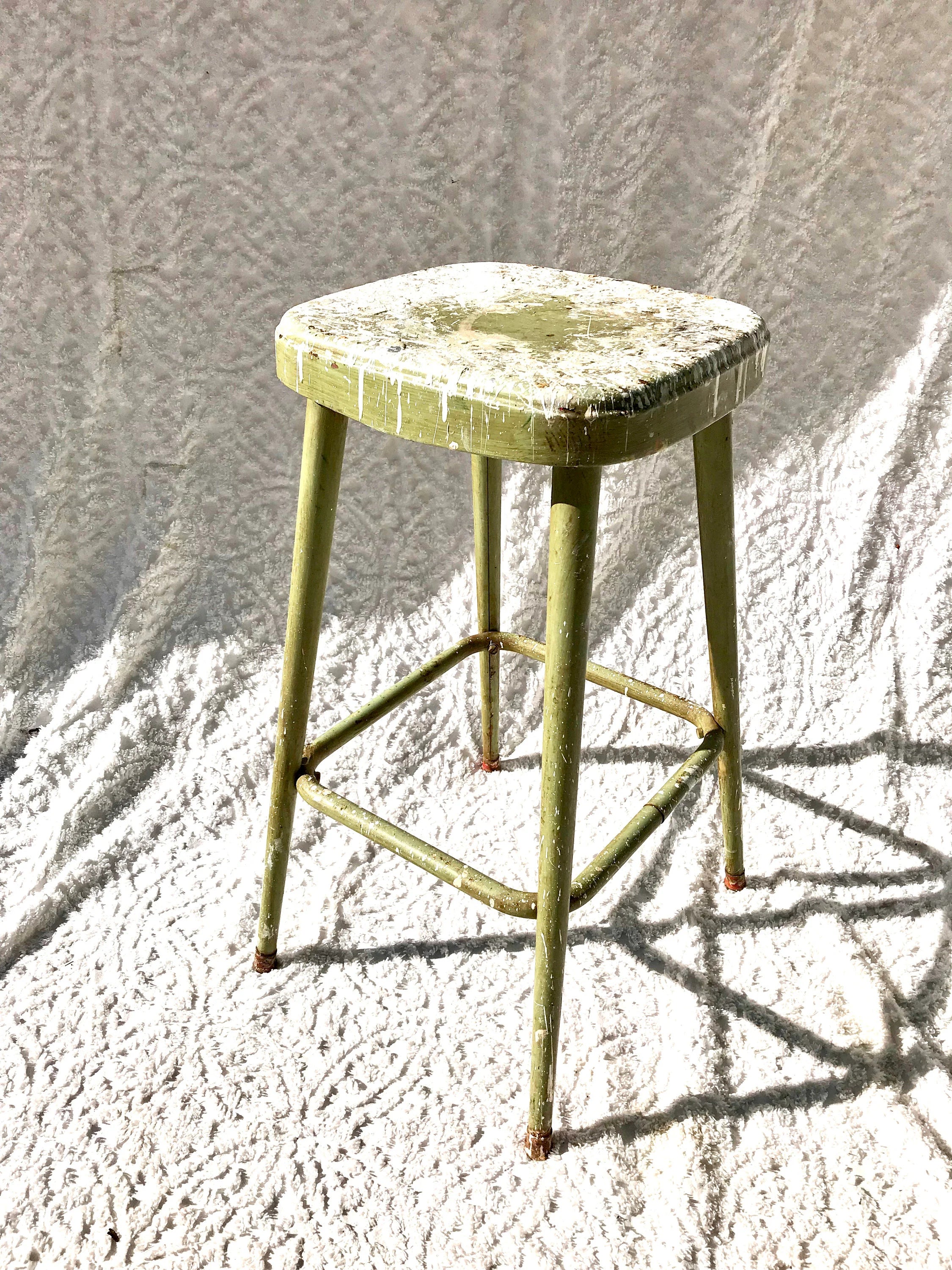 Tall Metal Stool | Rustic Painted Stool | Industrial Painters Stool | Workshop Stool | Industrial Stool | Olive Green Stool | Paint Drippings