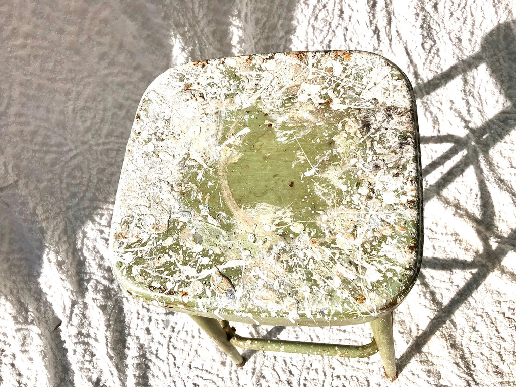 Tall Metal Stool | Rustic Painted Stool | Industrial Painters Stool | Workshop Stool | Industrial Stool | Olive Green Stool | Paint Drippings