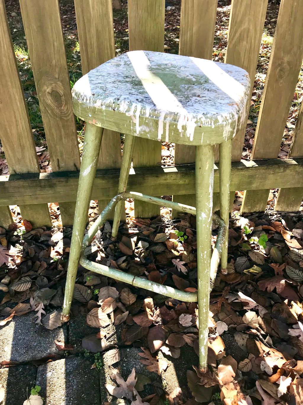 Tall Metal Stool | Rustic Painted Stool | Industrial Painters Stool | Workshop Stool | Industrial Stool | Olive Green Stool | Paint Drippings