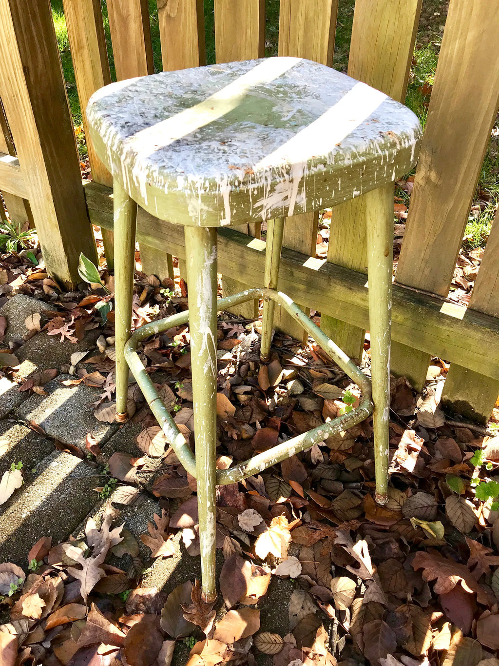 Tall Metal Stool | Rustic Painted Stool | Industrial Painters Stool | Workshop Stool | Industrial Stool | Olive Green Stool | Paint Drippings