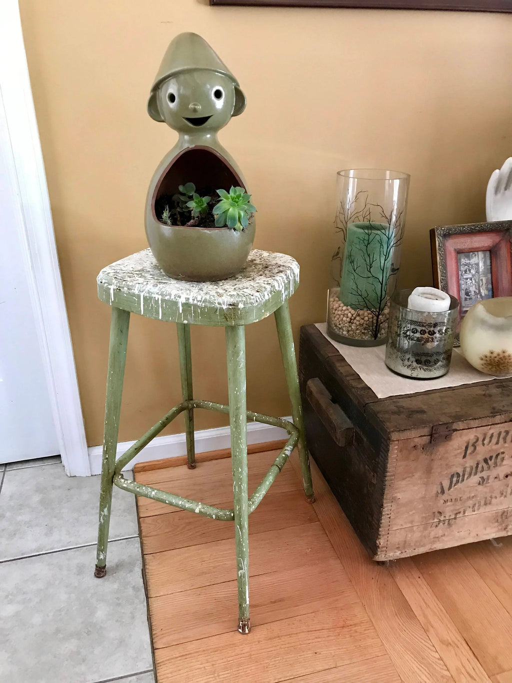 Tall Metal Stool | Rustic Painted Stool | Industrial Painters Stool | Workshop Stool | Industrial Stool | Olive Green Stool | Paint Drippings