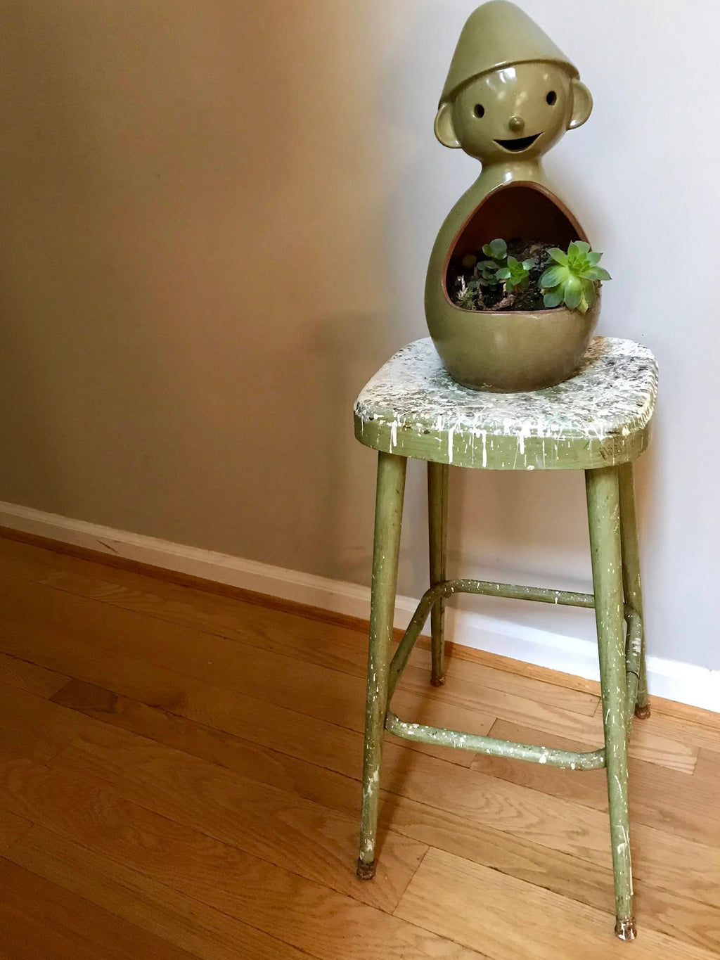Tall Metal Stool | Rustic Painted Stool | Industrial Painters Stool | Workshop Stool | Industrial Stool | Olive Green Stool | Paint Drippings