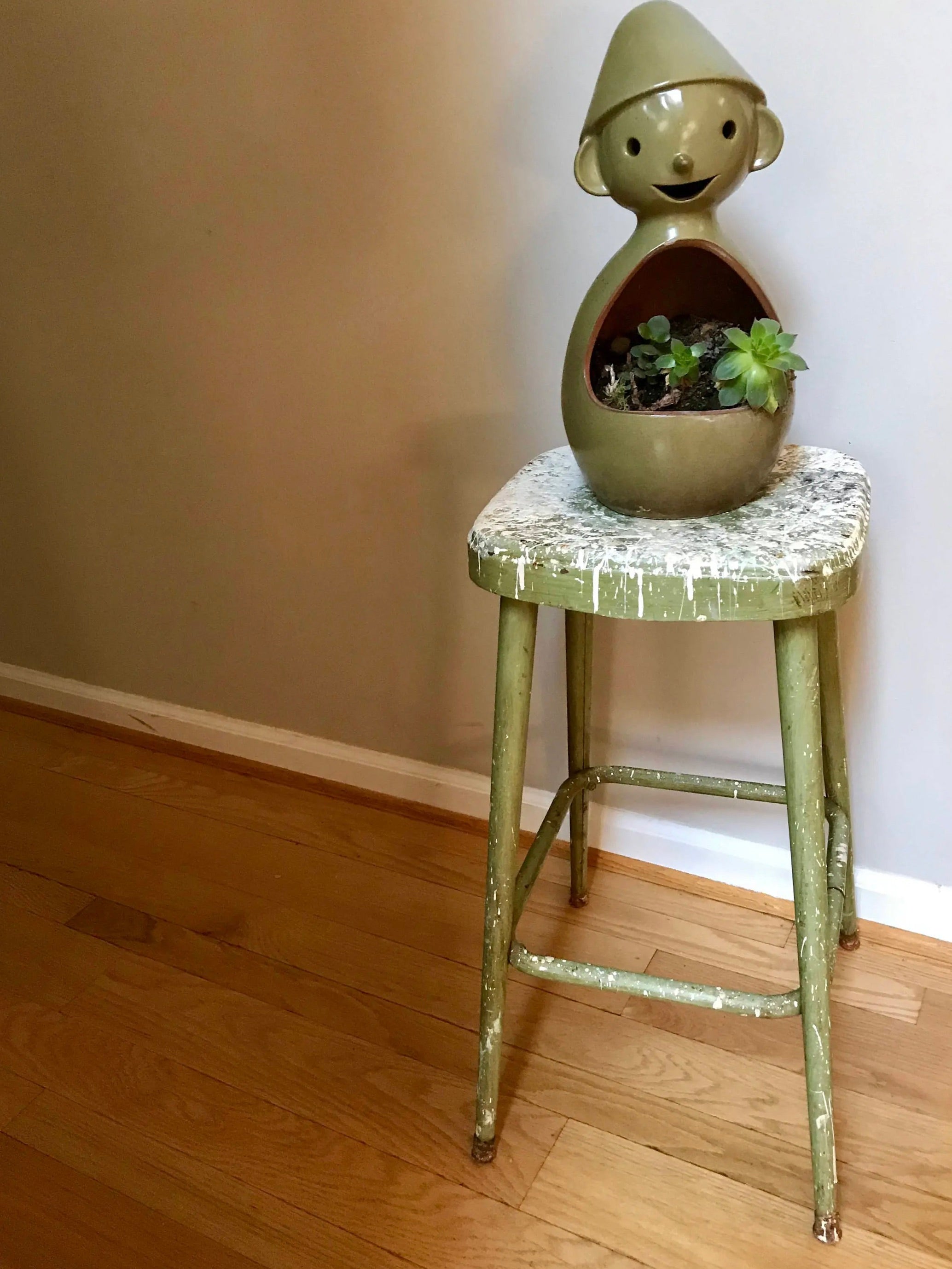 Tall Metal Stool | Rustic Painted Stool | Industrial Painters Stool | Workshop Stool | Industrial Stool | Olive Green Stool | Paint Drippings