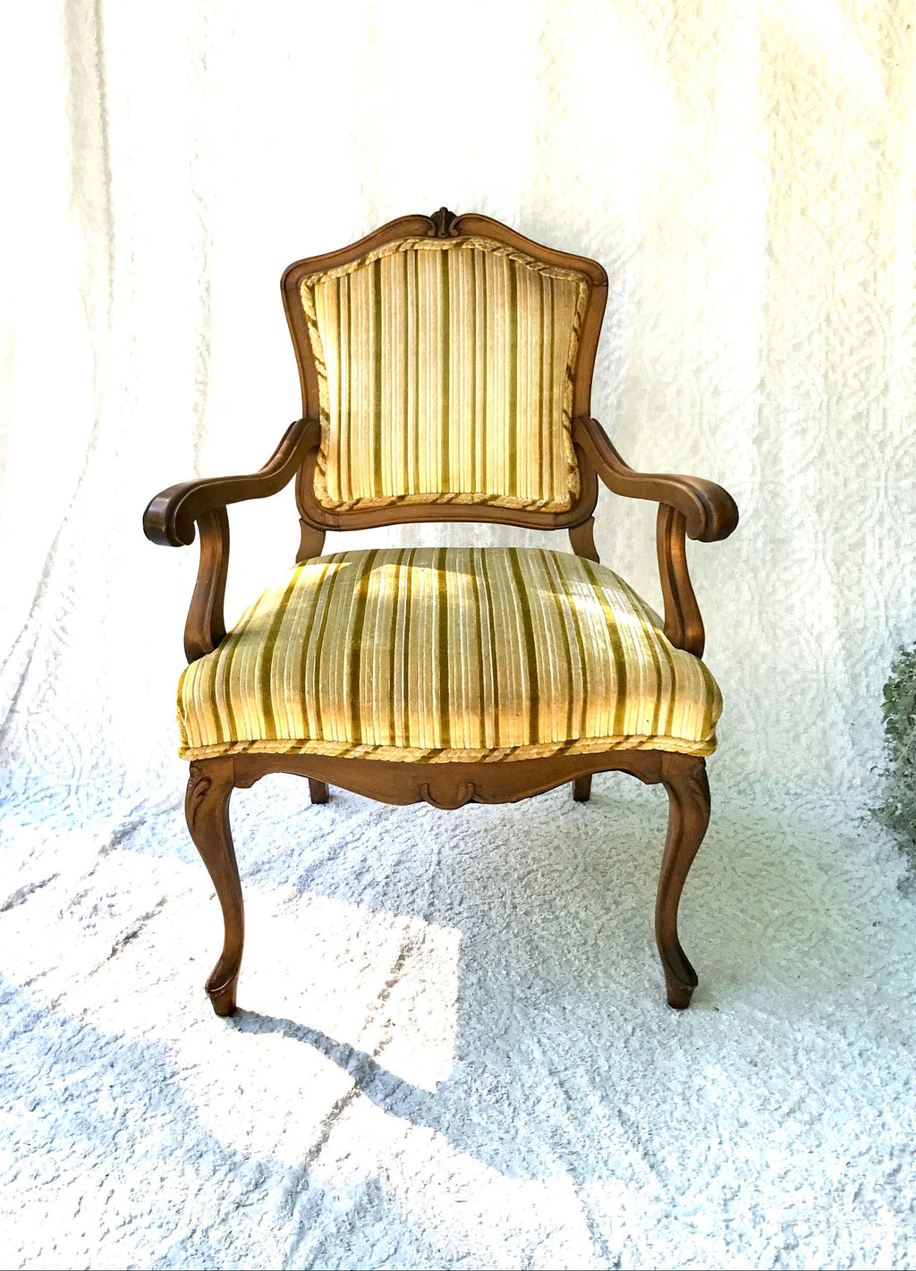 Yellow Striped  Louis XV Arm Chair | Antique French Style Arm Chair | Victorian Style Open Arm Chair | Fauteuil Style Chair | Upholstery Accent Chair