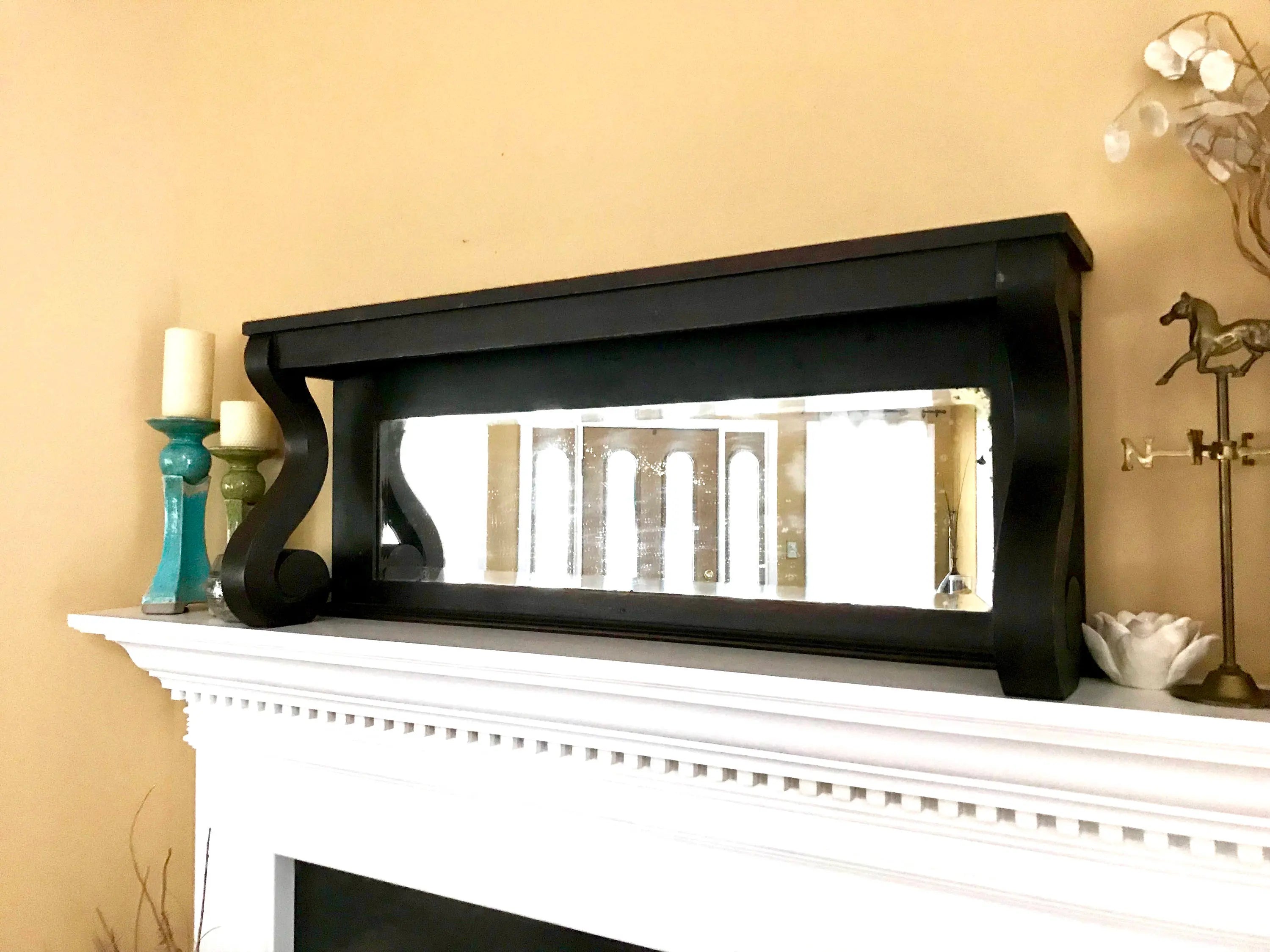 Antique Wooden Mantel with Mirror | Mantel with Corbels | Beveled Mirror | Antique Shelf with Mirror | Fireplace Mantel | Antique Headboard