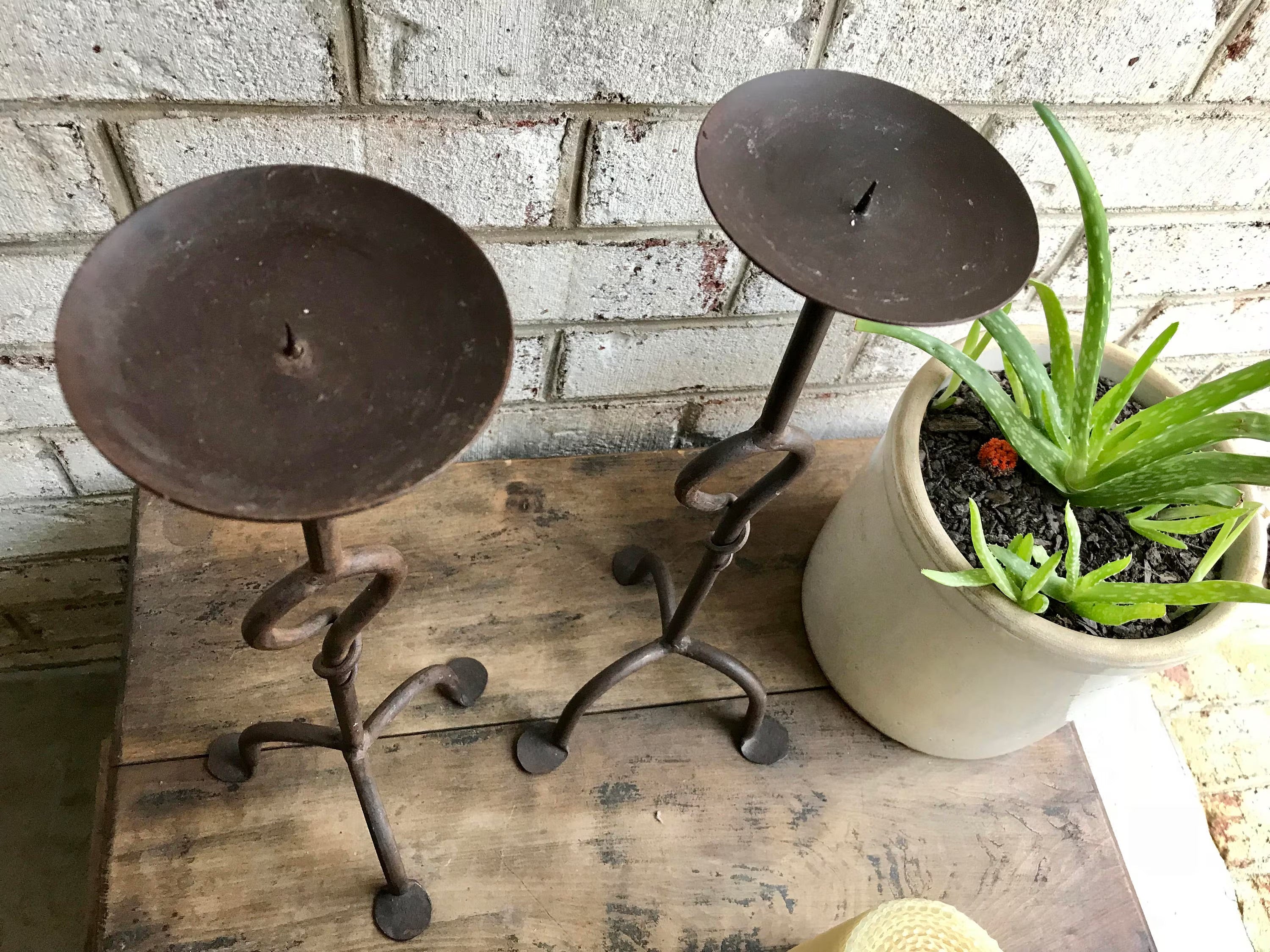 Pair of Iron Candle Stick | Two Rod Iron Candle Holders | Wrought Iron Candlestick Holders | Bare Steel Twisted Metal Candle Stands