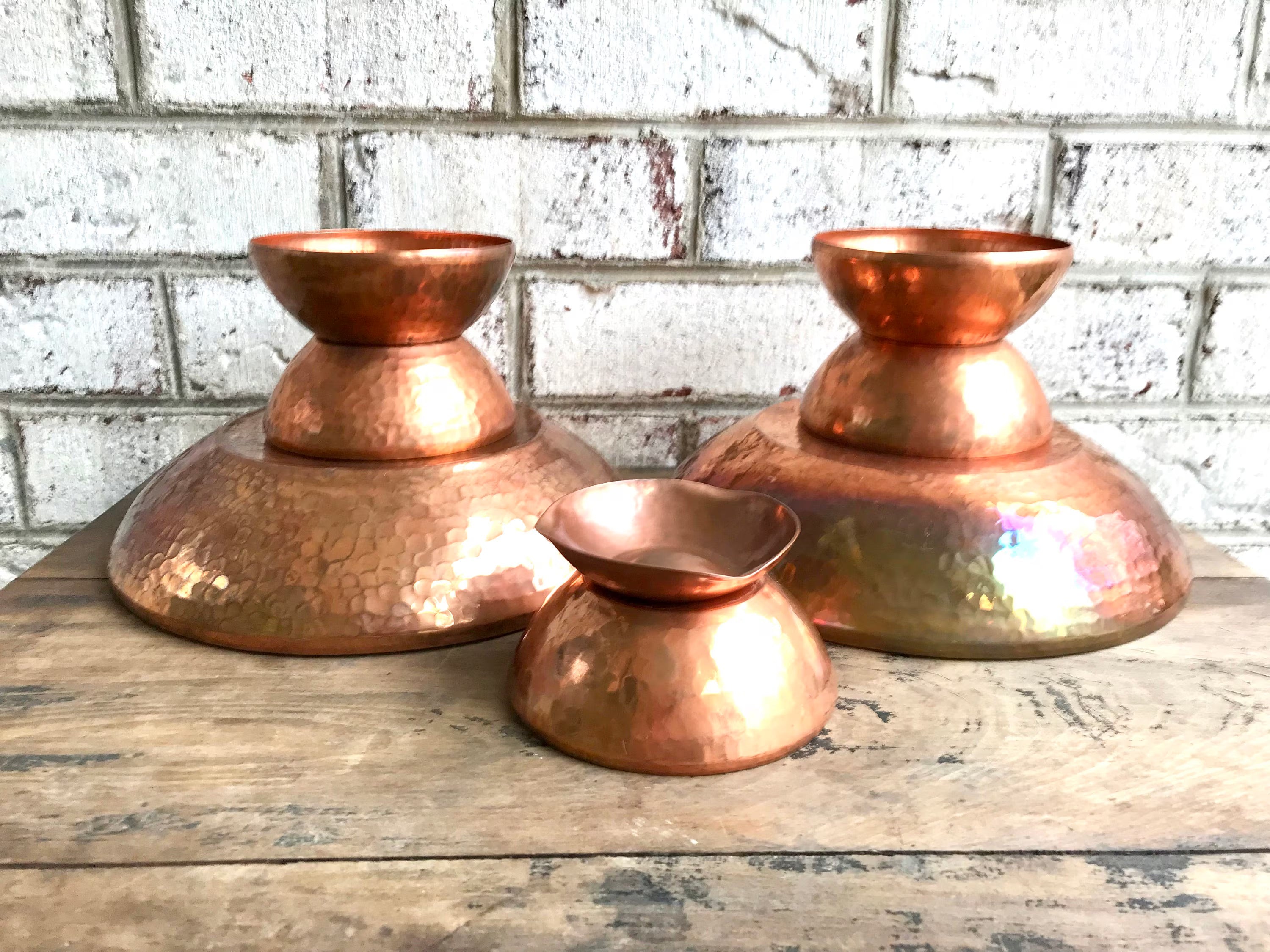 Set of Hammered Copper Bowls | Industrial Argentina Copper Bowls and Ashtray| 2 Large Copper Bowls, 5 Small Bowls and 1 Ashtray| Boho Dishes