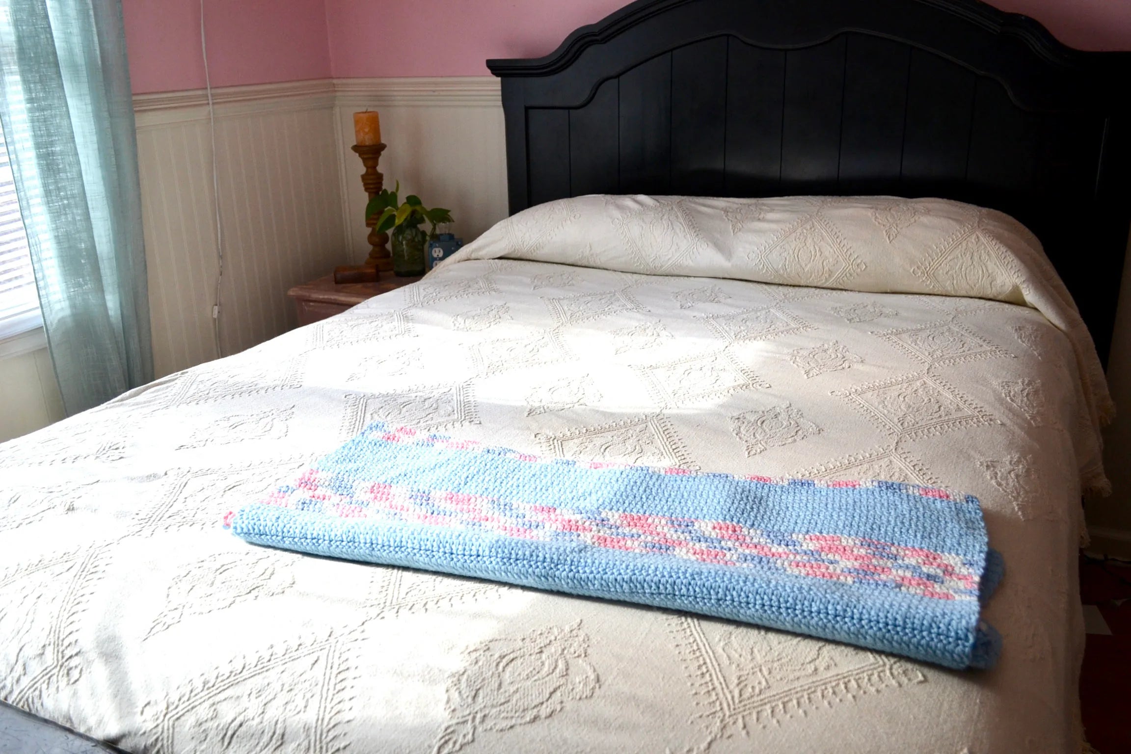 Vtg Afghan Blanket | Bohemian Woven Throw | Crocheted Nursery Blanket | Woven Baby Blanket | Knitted Pastel Striped Blanket | Travel Throw
