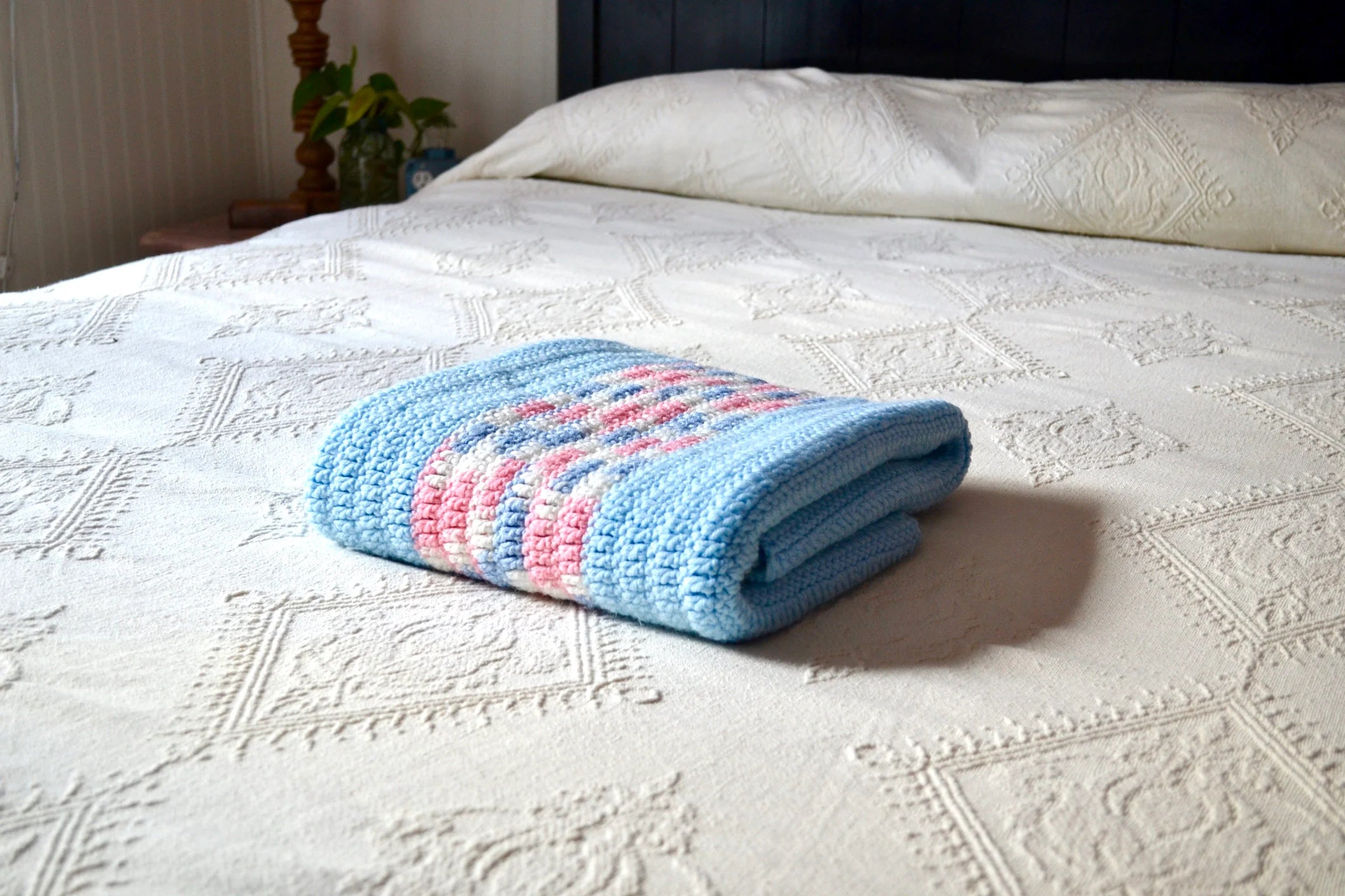 Vtg Afghan Blanket | Bohemian Woven Throw | Crocheted Nursery Blanket | Woven Baby Blanket | Knitted Pastel Striped Blanket | Travel Throw