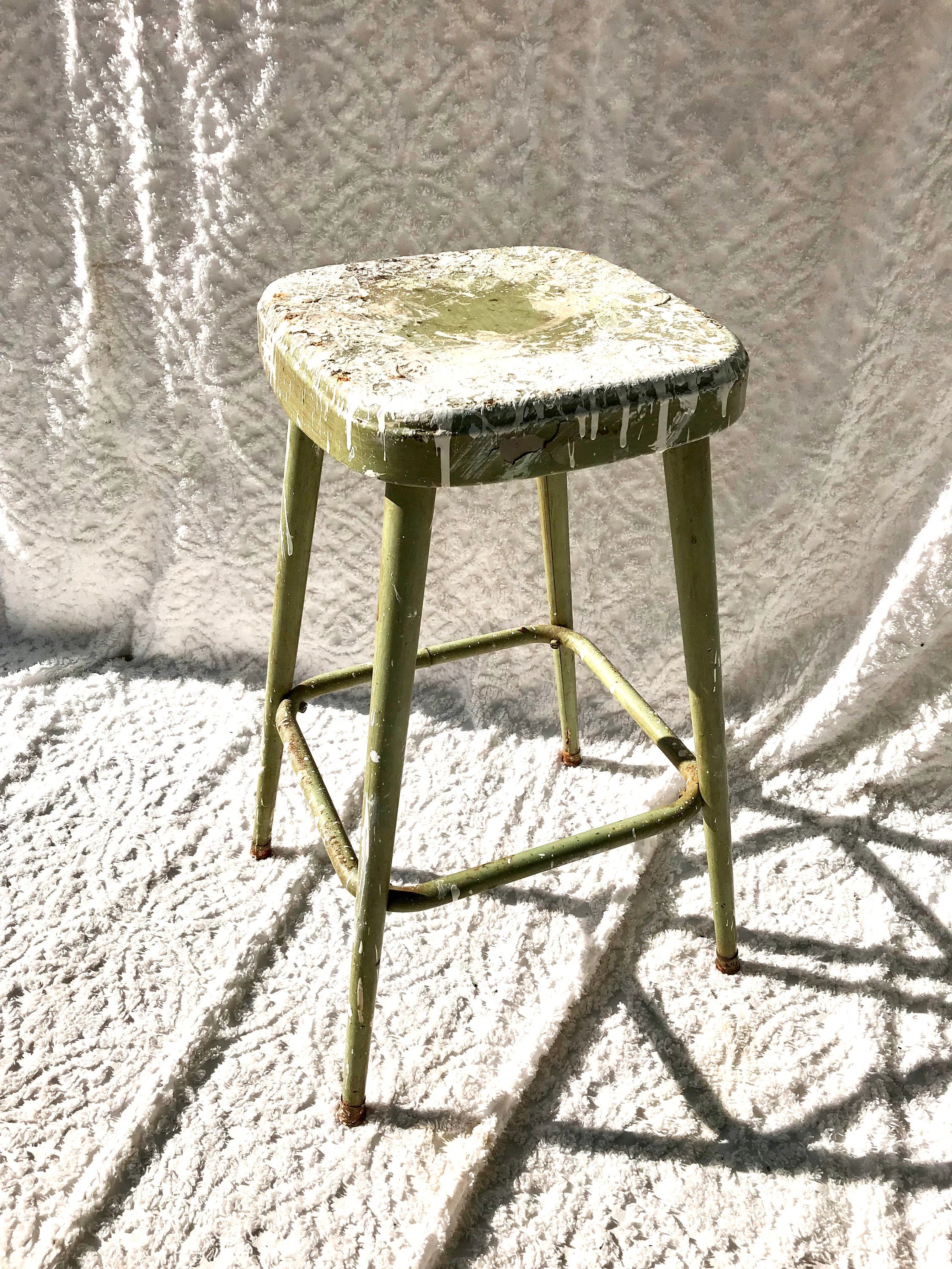 Tall Metal Stool | Rustic Painted Stool | Industrial Painters Stool | Workshop Stool | Industrial Stool | Olive Green Stool | Paint Drippings