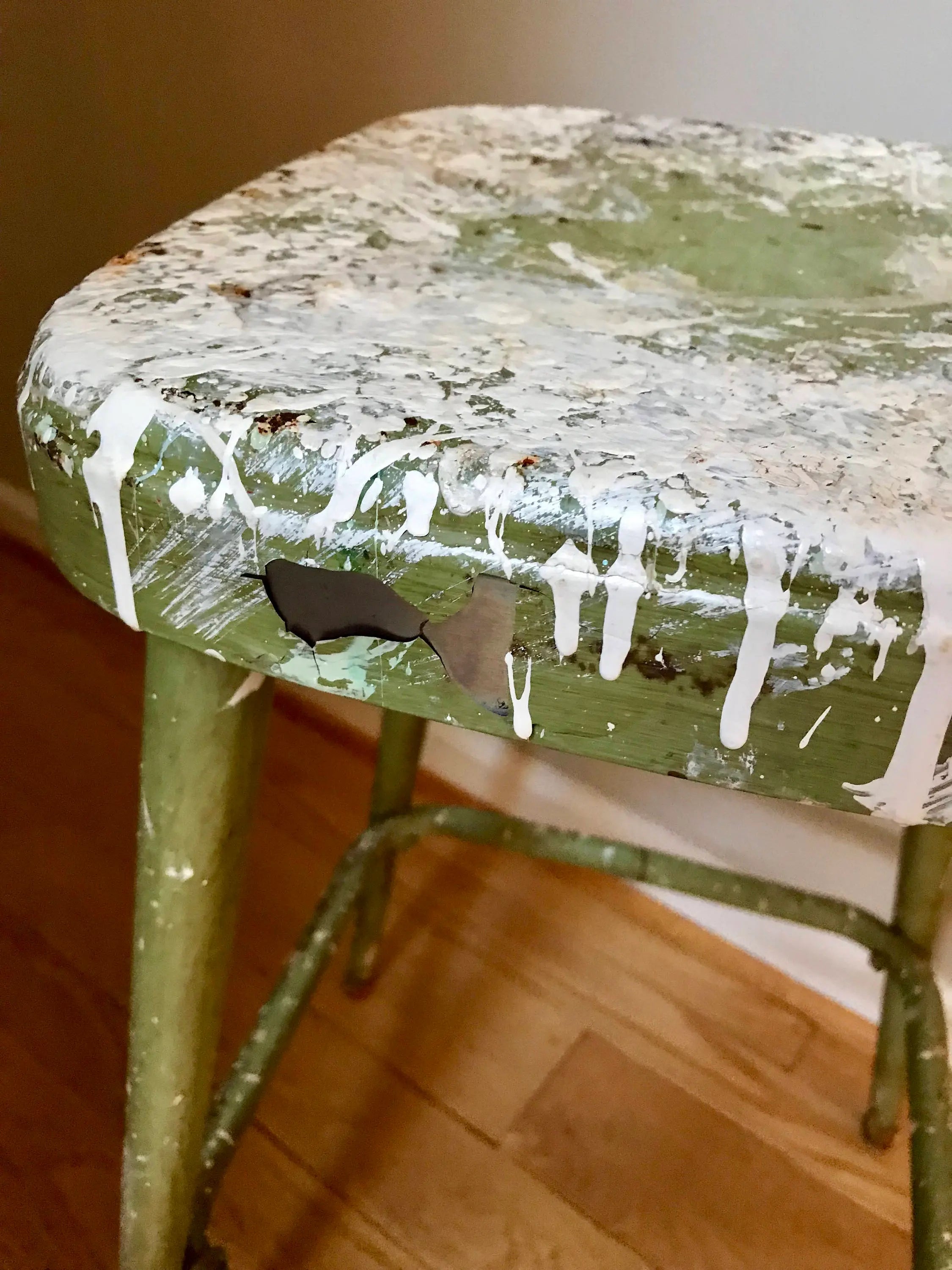 Tall Metal Stool | Rustic Painted Stool | Industrial Painters Stool | Workshop Stool | Industrial Stool | Olive Green Stool | Paint Drippings