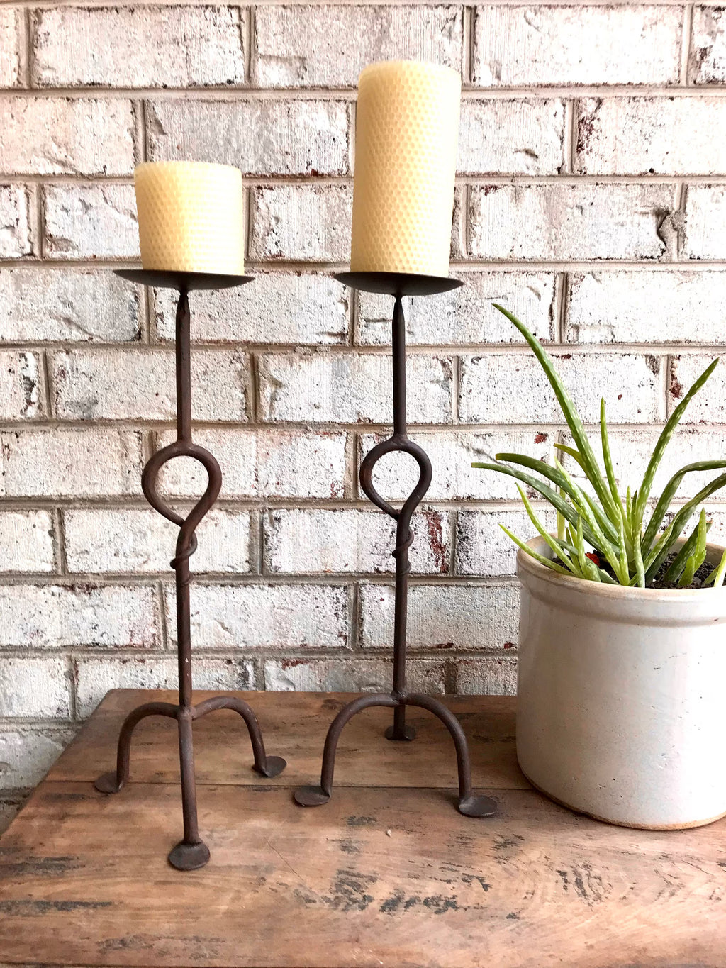 Pair of Iron Candle Stick | Two Rod Iron Candle Holders | Wrought Iron Candlestick Holders | Bare Steel Twisted Metal Candle Stands