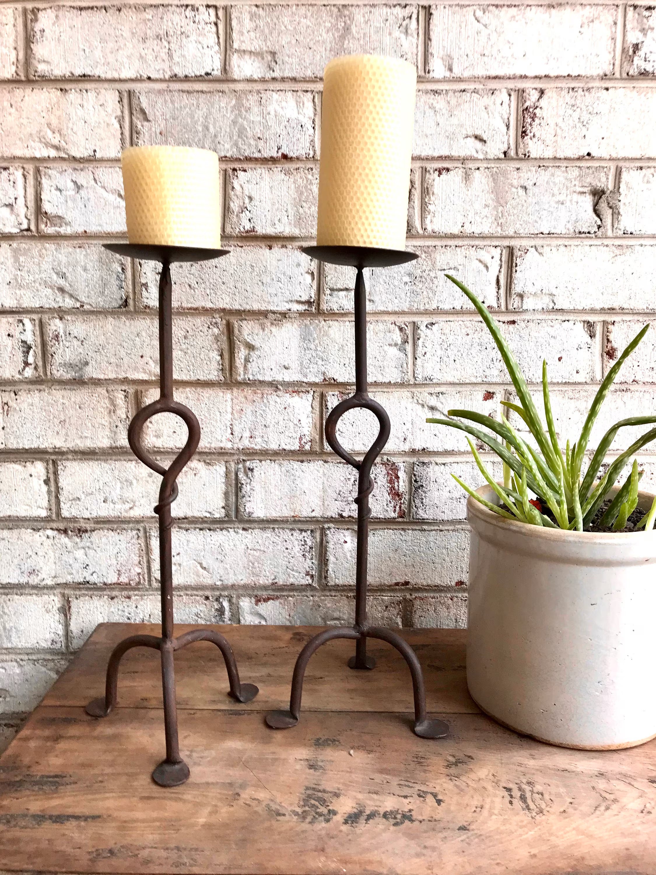Pair of Iron Candle Stick | Two Rod Iron Candle Holders | Wrought Iron Candlestick Holders | Bare Steel Twisted Metal Candle Stands