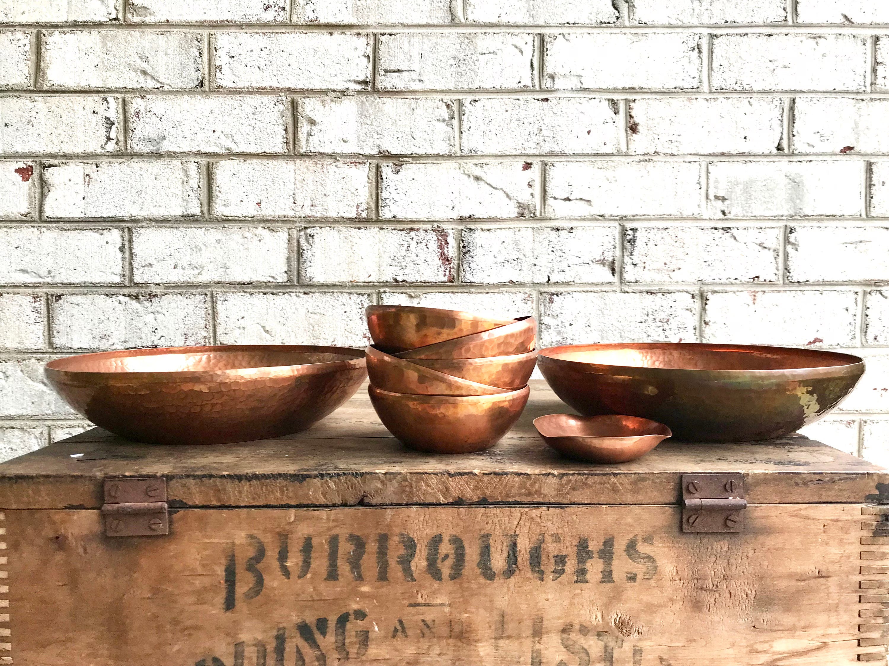 Set of Hammered Copper Bowls | Industrial Argentina Copper Bowls and Ashtray| 2 Large Copper Bowls, 5 Small Bowls and 1 Ashtray| Boho Dishes