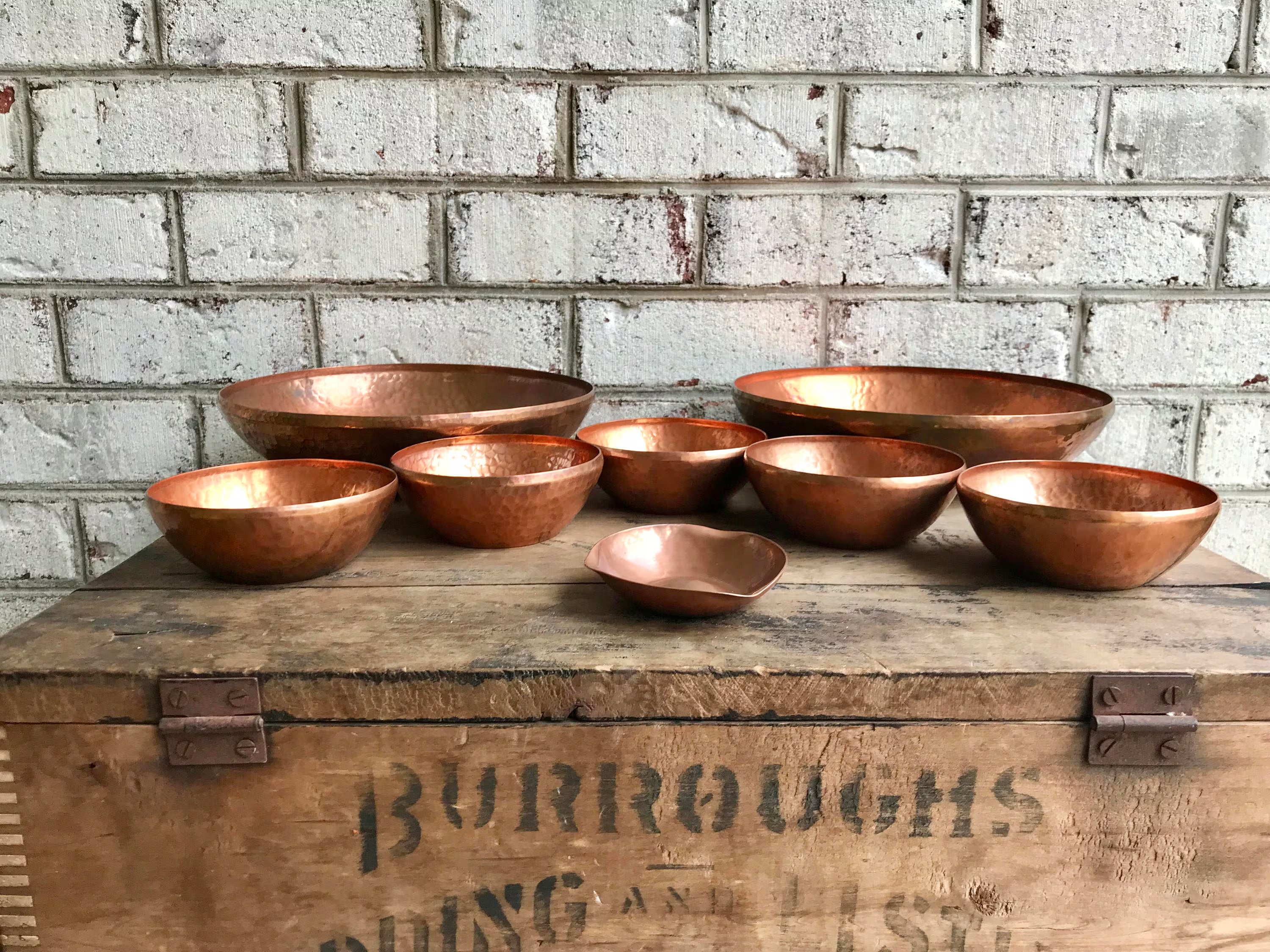 Set of Hammered Copper Bowls | Industrial Argentina Copper Bowls and Ashtray| 2 Large Copper Bowls, 5 Small Bowls and 1 Ashtray| Boho Dishes