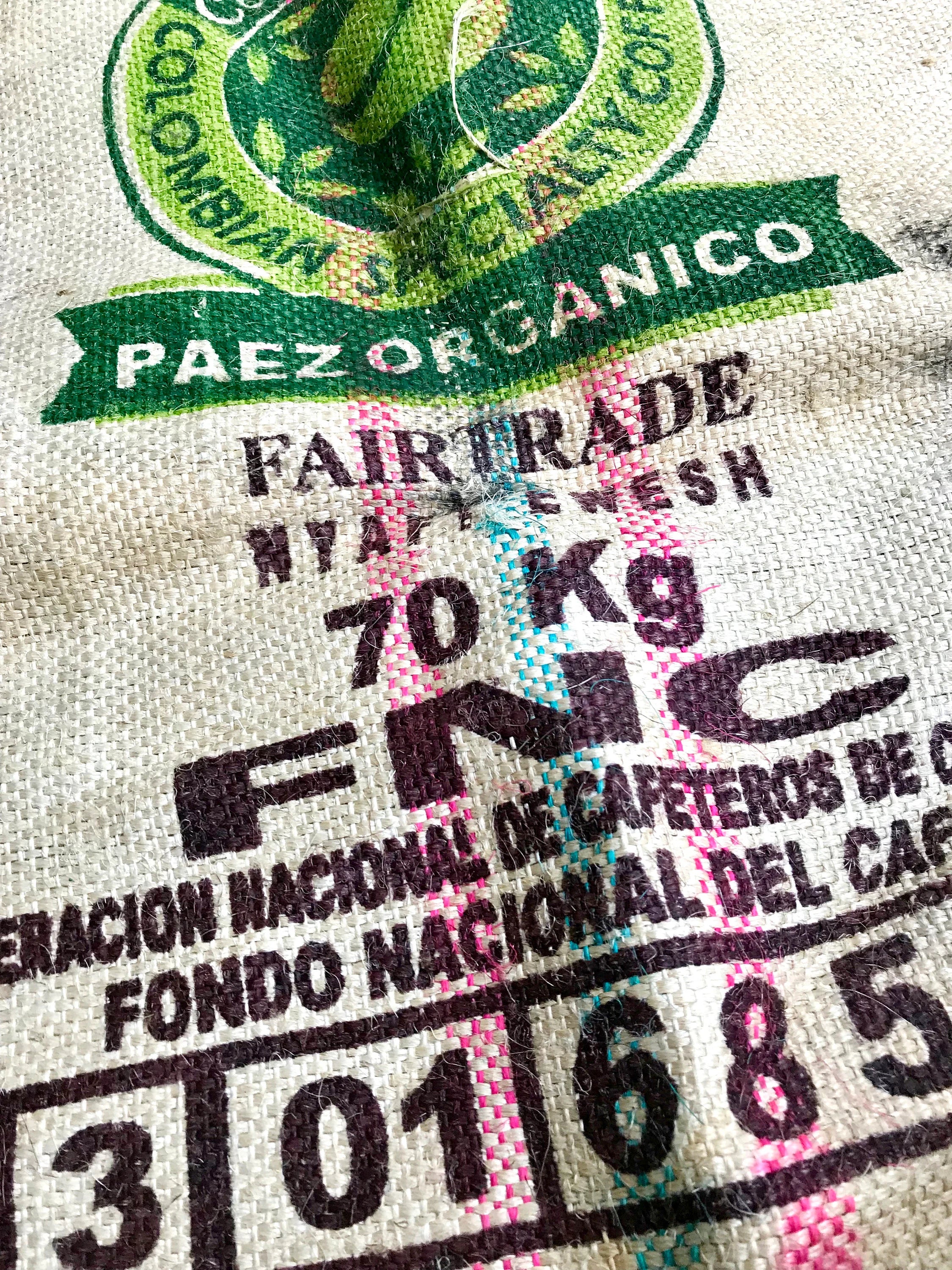 Vintage Columbia Organic Coffee Bean Burlap Sack | Double Sided Coffee Sack | Wall Art | Pillow Case | 36" x 29" | Prop | Cafe Decor