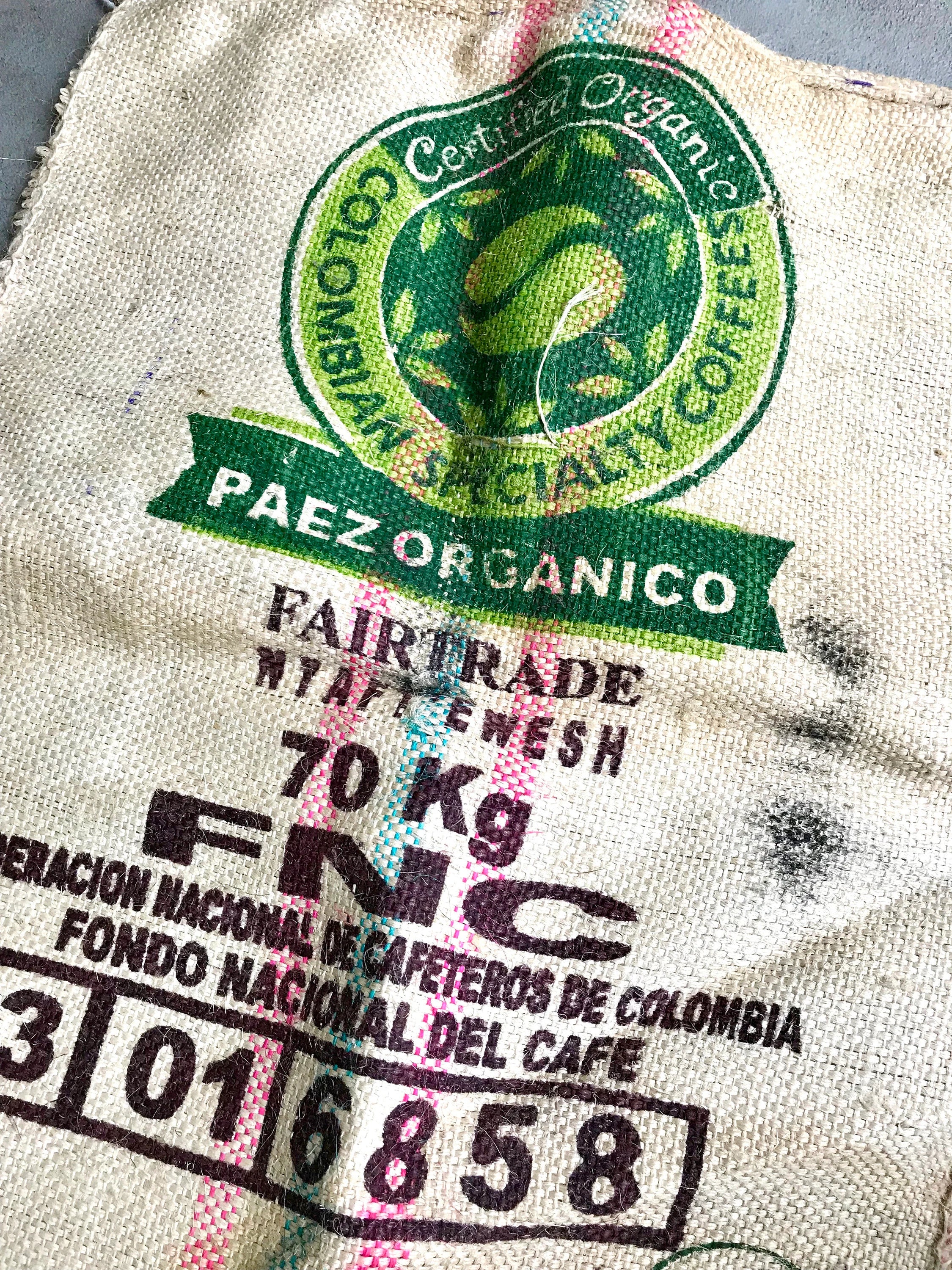 Vintage Columbia Organic Coffee Bean Burlap Sack | Double Sided Coffee Sack | Wall Art | Pillow Case | 36" x 29" | Prop | Cafe Decor