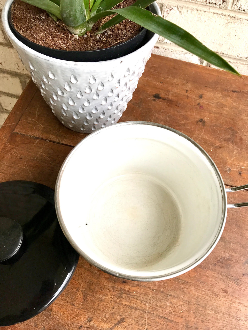 MCM White Enamel Pot | Vegetable Enamel Pots | White Enamel Pot | Mid Century Enamel Kitchen Decor | White and Black Enamel Cookware